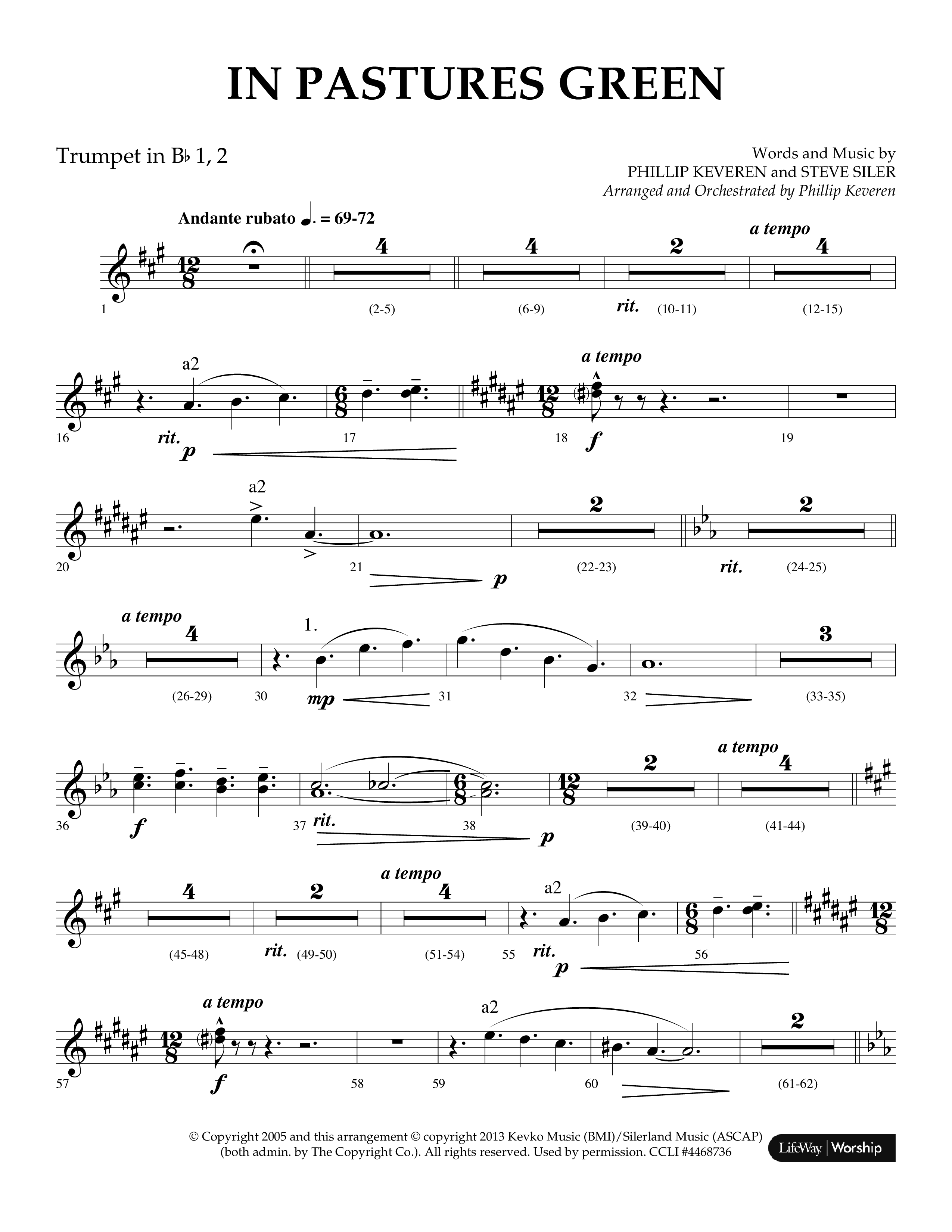 In Pastures Green (Choral Anthem SATB) Trumpet 1,2 (Lifeway Choral / Arr. Phillip Keveren)