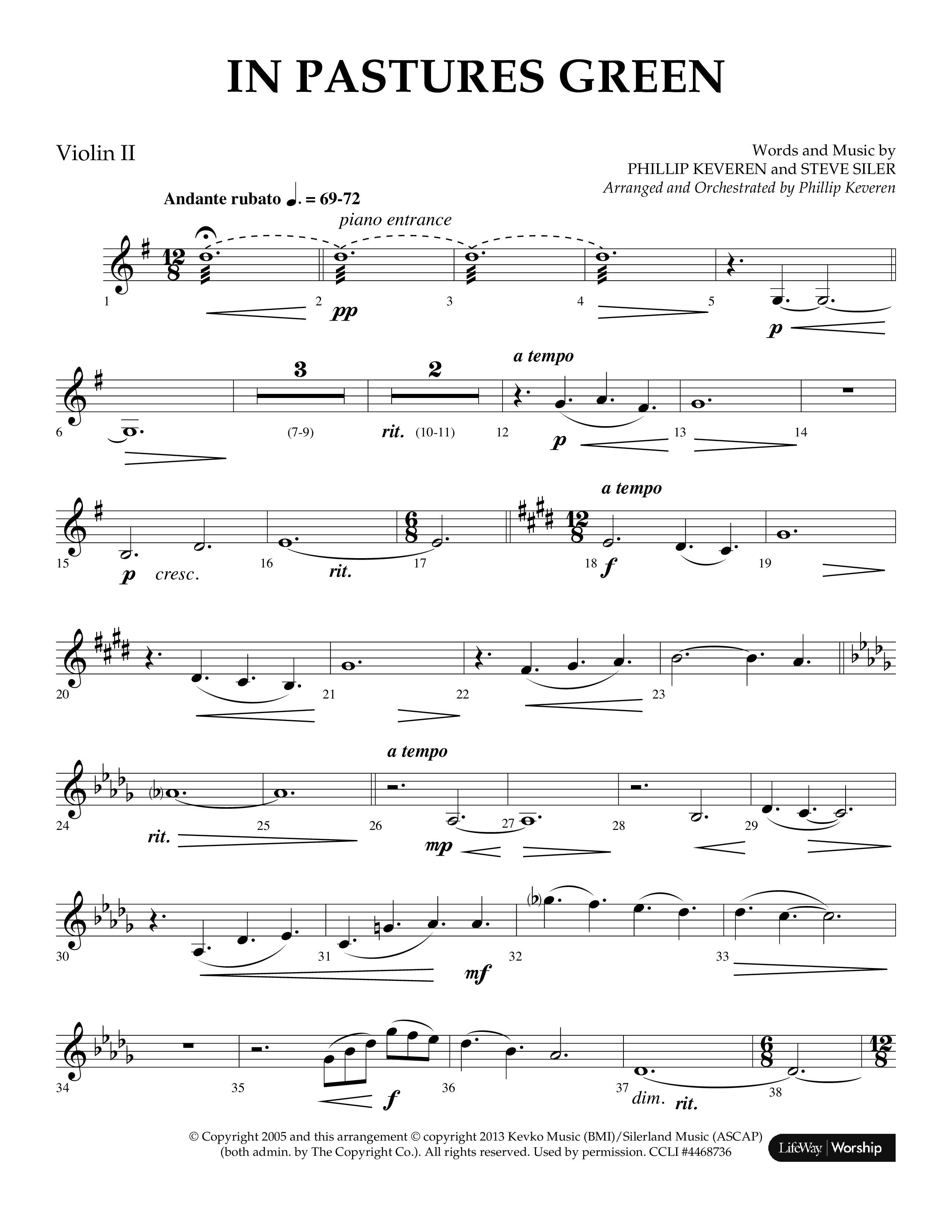 In Pastures Green (Choral Anthem SATB) Violin 2 (Lifeway Choral / Arr. Phillip Keveren)