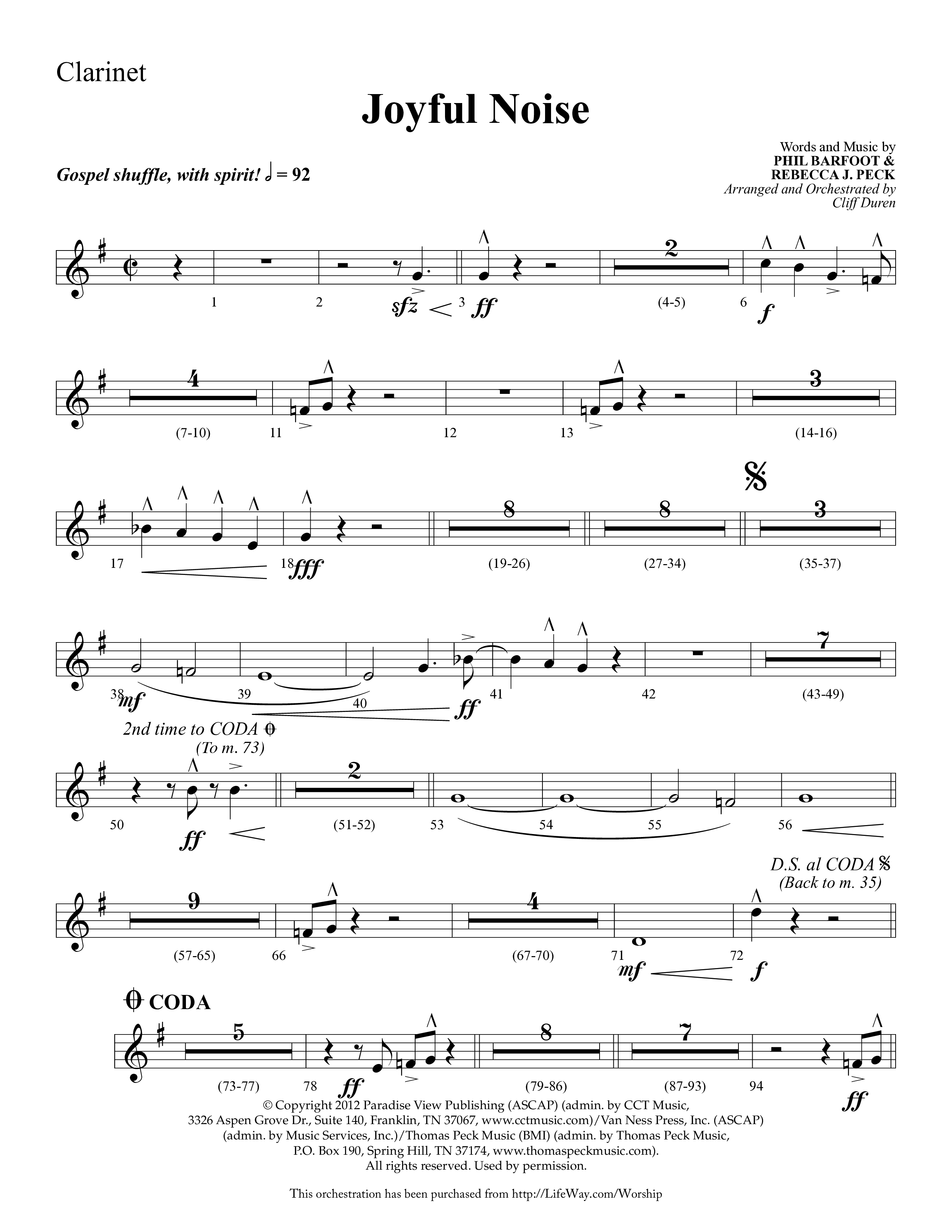 Joyful Noise (Choral Anthem SATB) Clarinet 1/2 (Lifeway Choral / Arr. Cliff Duren)