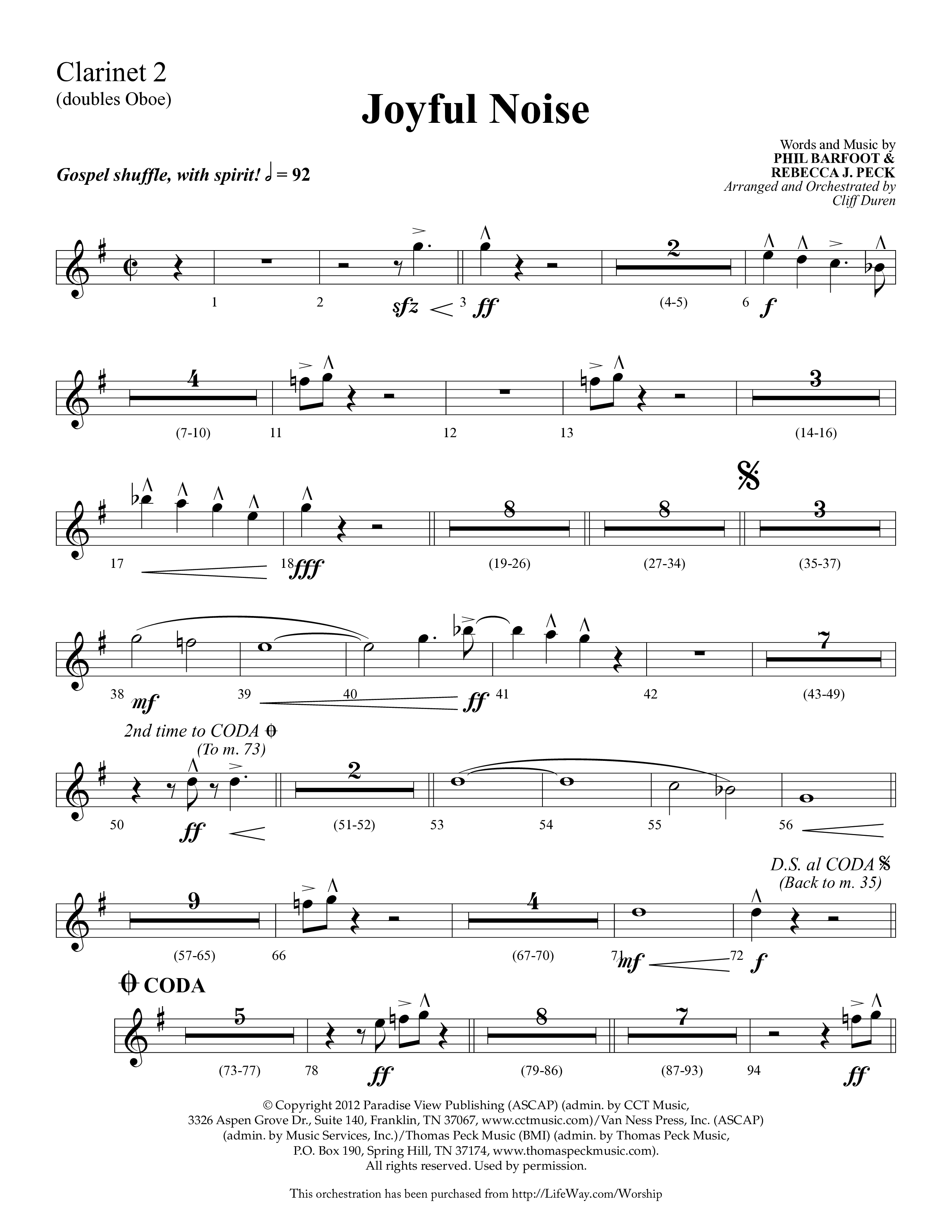 Joyful Noise (Choral Anthem SATB) Clarinet 1/2 (Lifeway Choral / Arr. Cliff Duren)