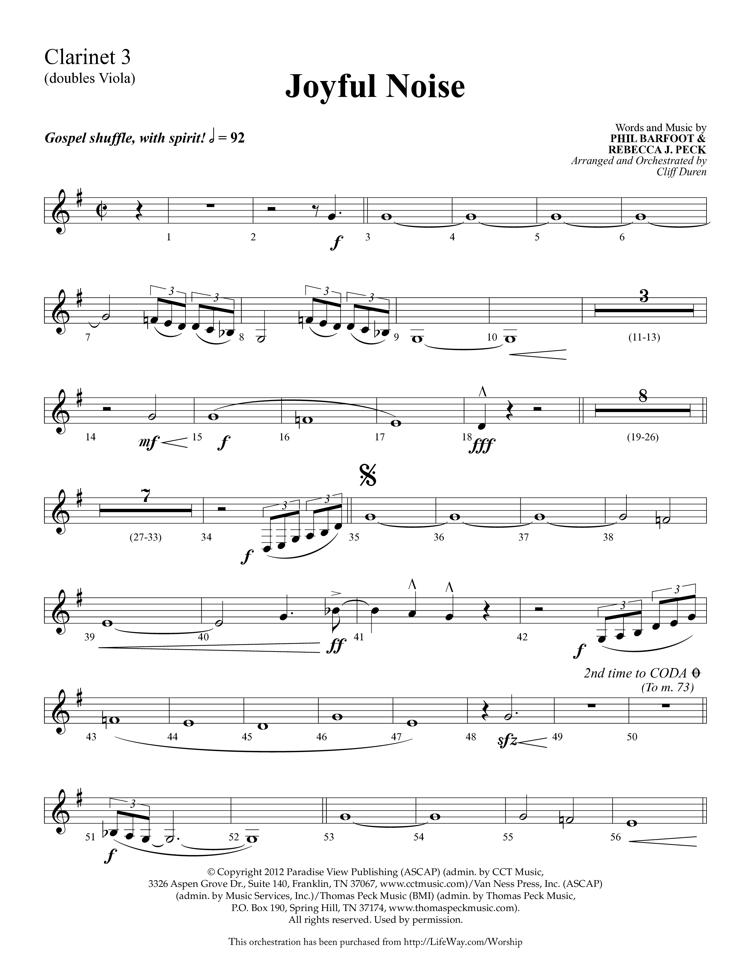 Joyful Noise (Choral Anthem SATB) Clarinet 3 (Lifeway Choral / Arr. Cliff Duren)