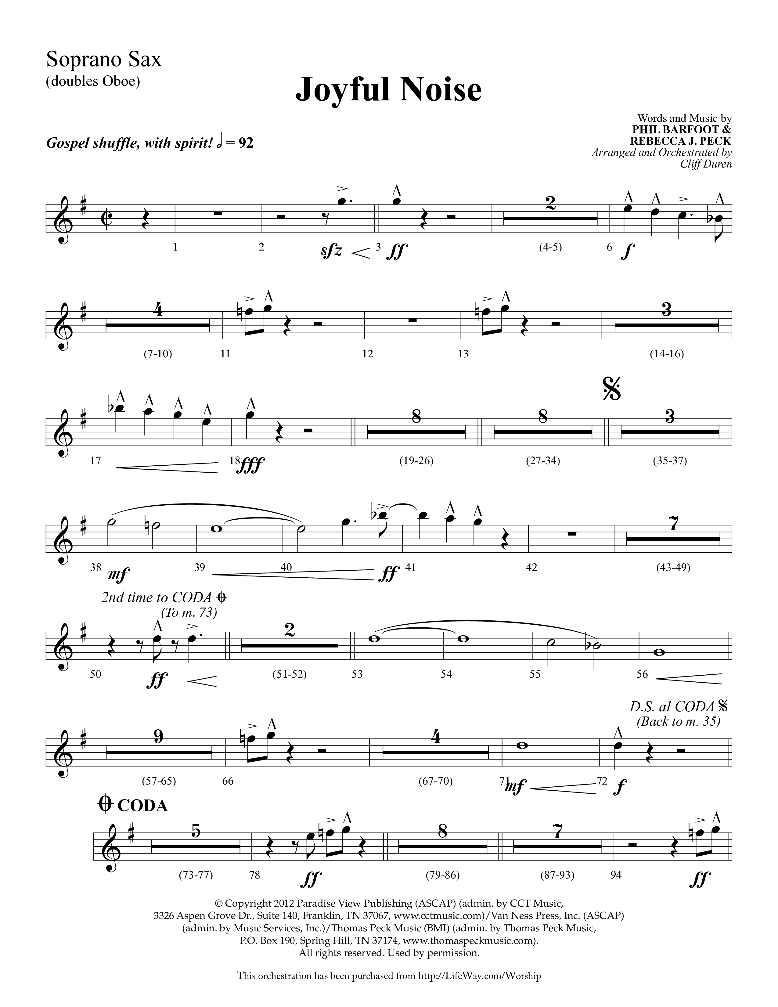 Joyful Noise (Choral Anthem SATB) Soprano Sax (Lifeway Choral / Arr. Cliff Duren)