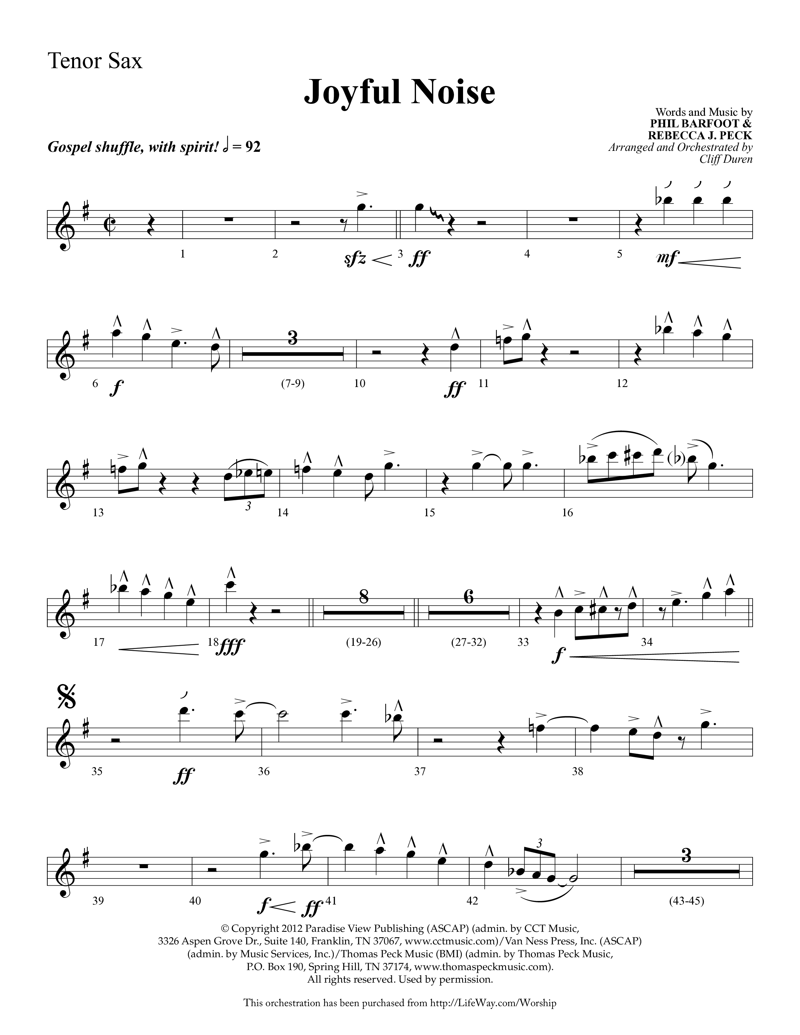 Joyful Noise (Choral Anthem SATB) Tenor Sax 1 (Lifeway Choral / Arr. Cliff Duren)