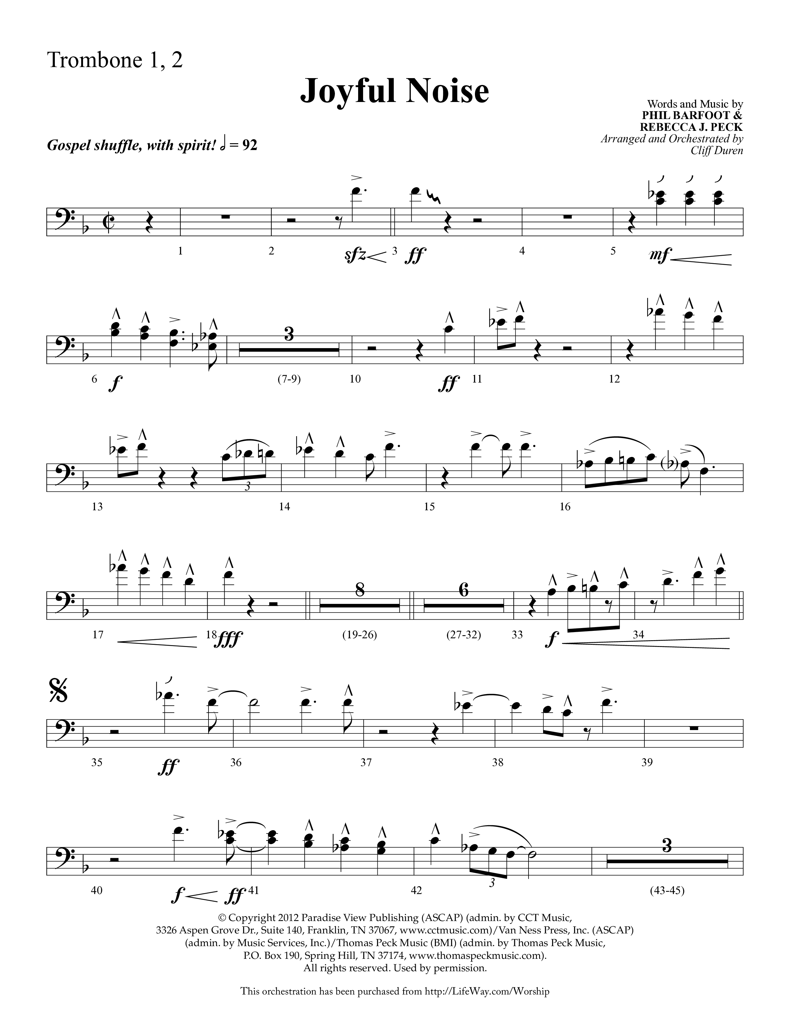 Joyful Noise (Choral Anthem SATB) Trombone 1/2 (Lifeway Choral / Arr. Cliff Duren)