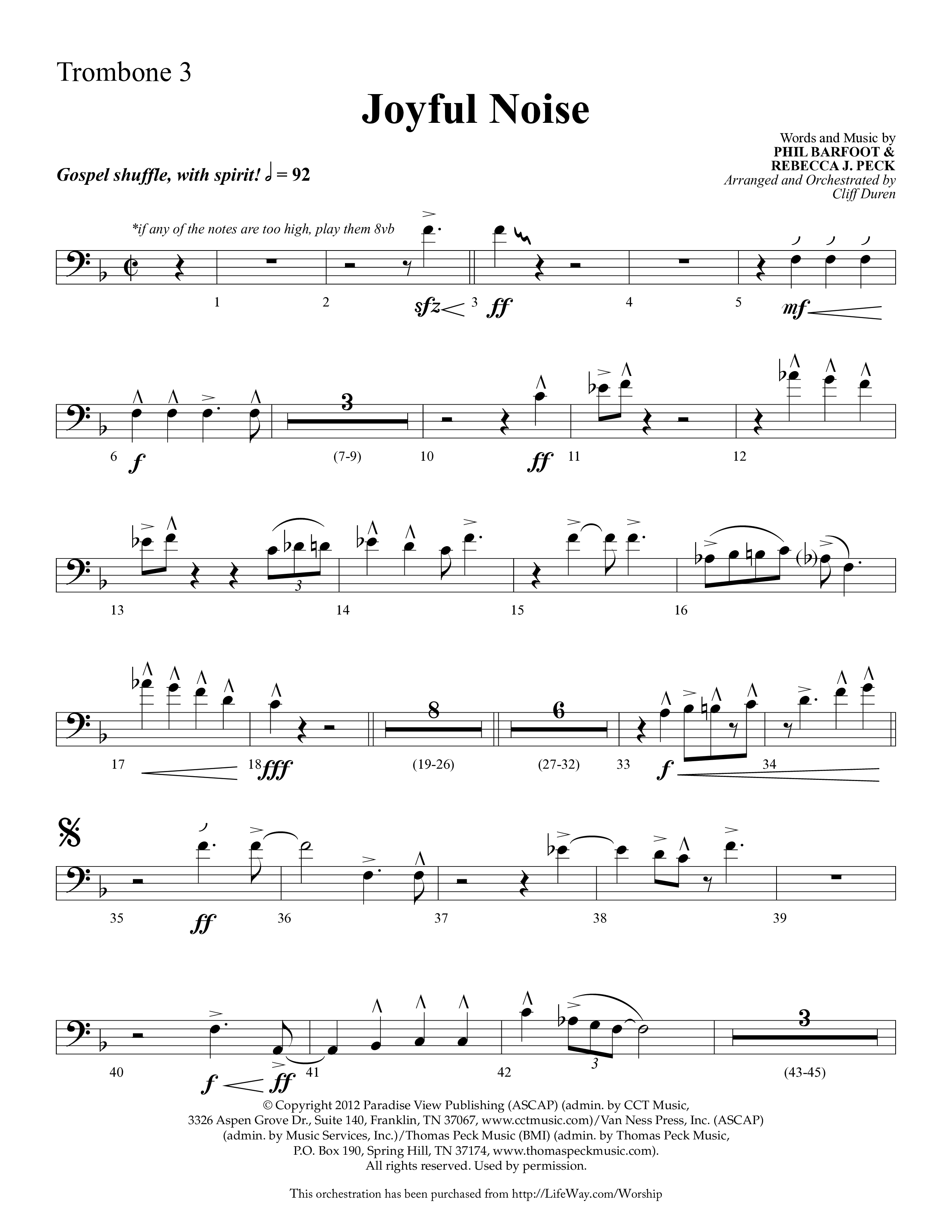 Joyful Noise (Choral Anthem SATB) Trombone 3 (Lifeway Choral / Arr. Cliff Duren)