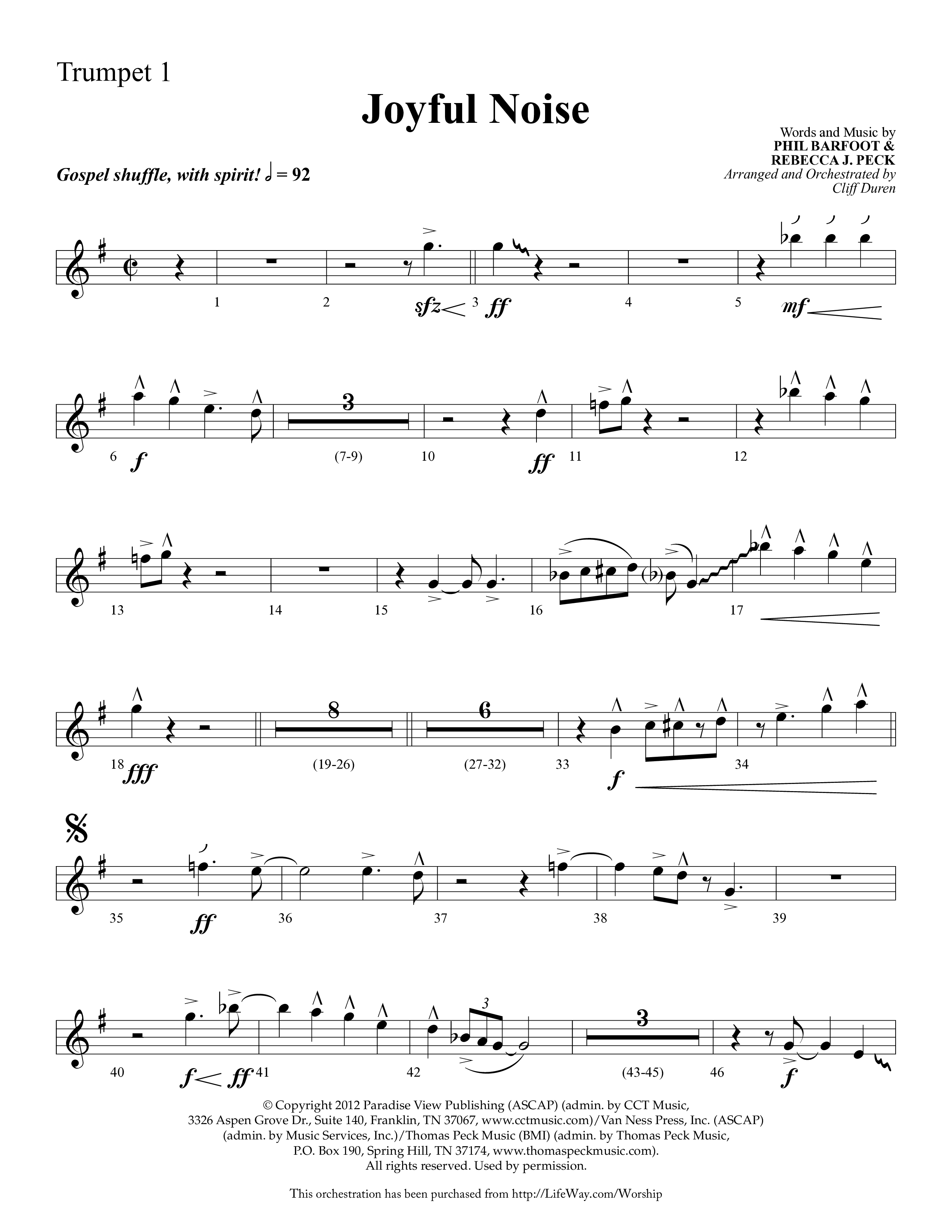 Joyful Noise (Choral Anthem SATB) Trumpet 1 (Lifeway Choral / Arr. Cliff Duren)