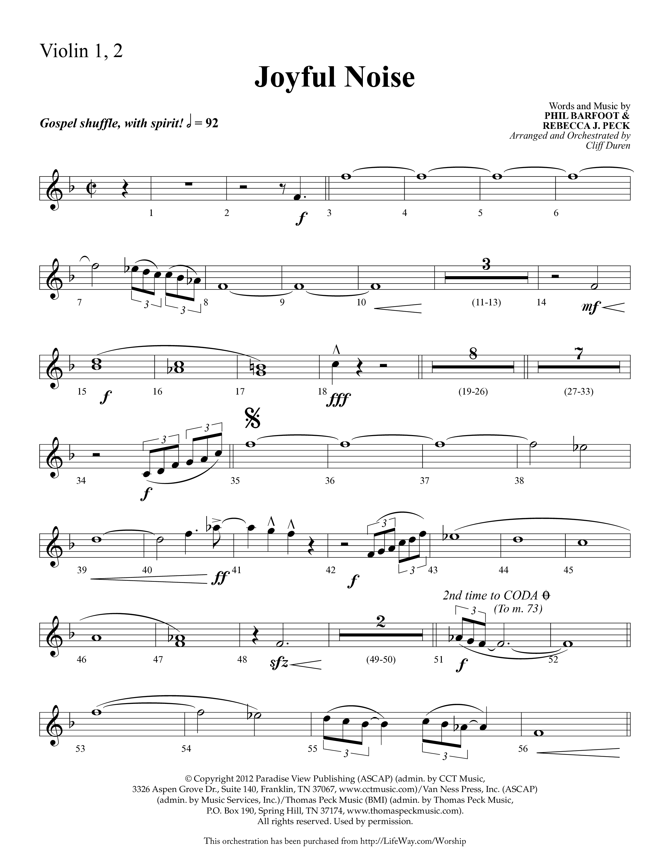 Joyful Noise (Choral Anthem SATB) Violin 1/2 (Lifeway Choral / Arr. Cliff Duren)