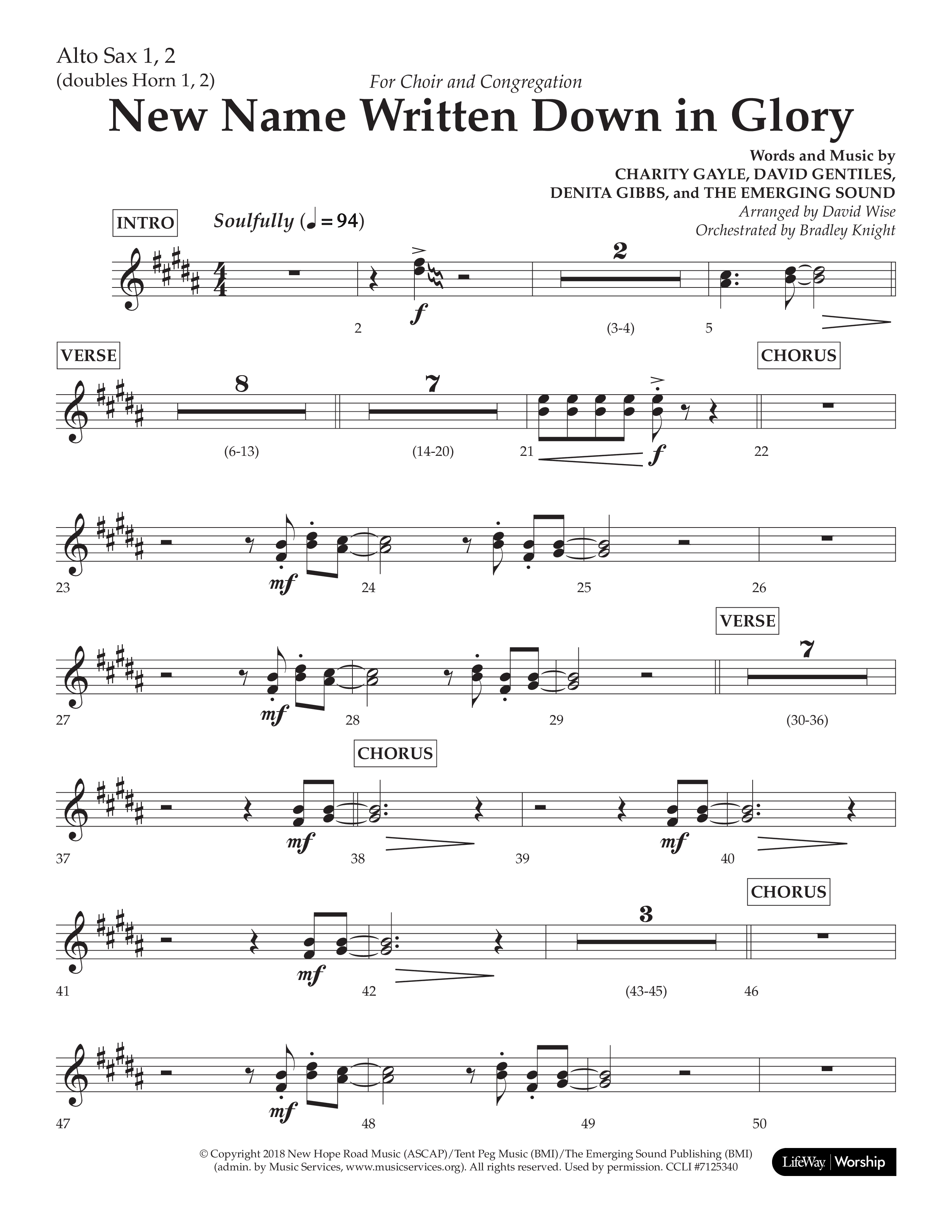 New Name Written Down In Glory (Choral Anthem SATB) Alto Sax 1/2 (Lifeway Choral / Arr. David Wise / Orch. Bradley Knight)
