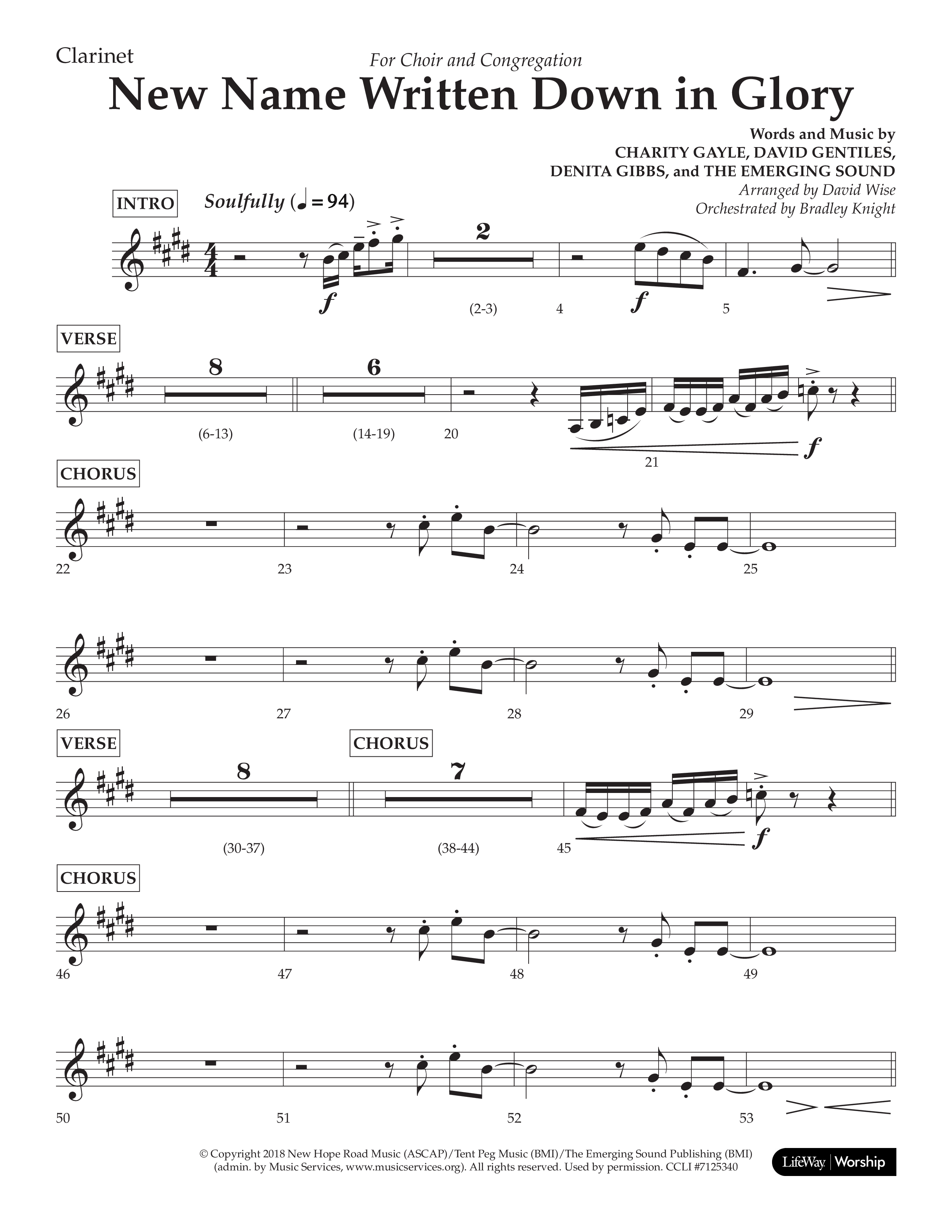 New Name Written Down In Glory (Choral Anthem SATB) Clarinet 1/2 (Lifeway Choral / Arr. David Wise / Orch. Bradley Knight)