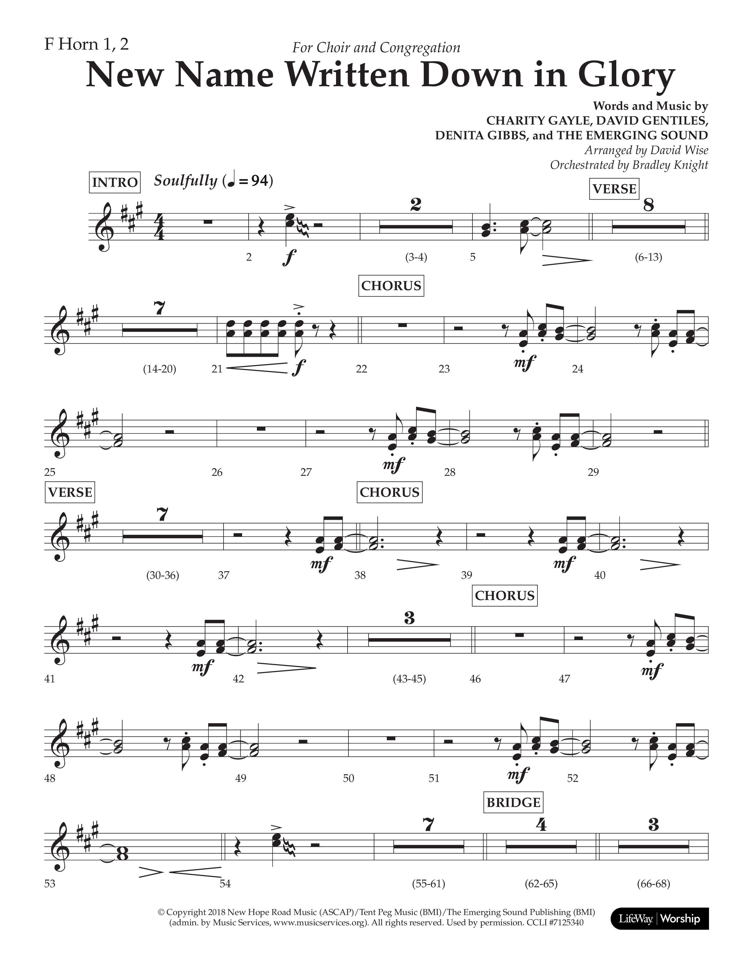 New Name Written Down In Glory (Choral Anthem SATB) French Horn 1/2 (Lifeway Choral / Arr. David Wise / Orch. Bradley Knight)