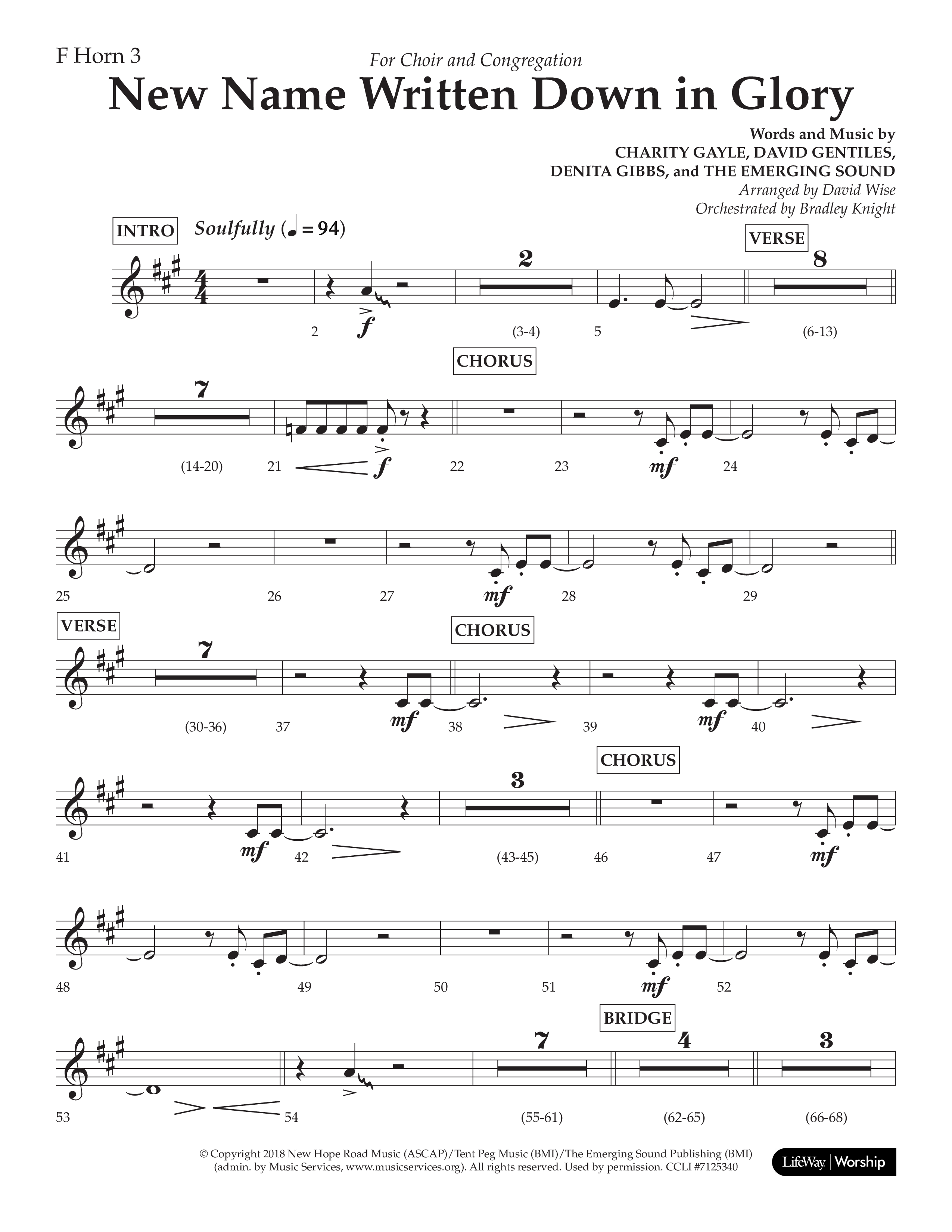New Name Written Down In Glory (Choral Anthem SATB) French Horn 3 (Lifeway Choral / Arr. David Wise / Orch. Bradley Knight)