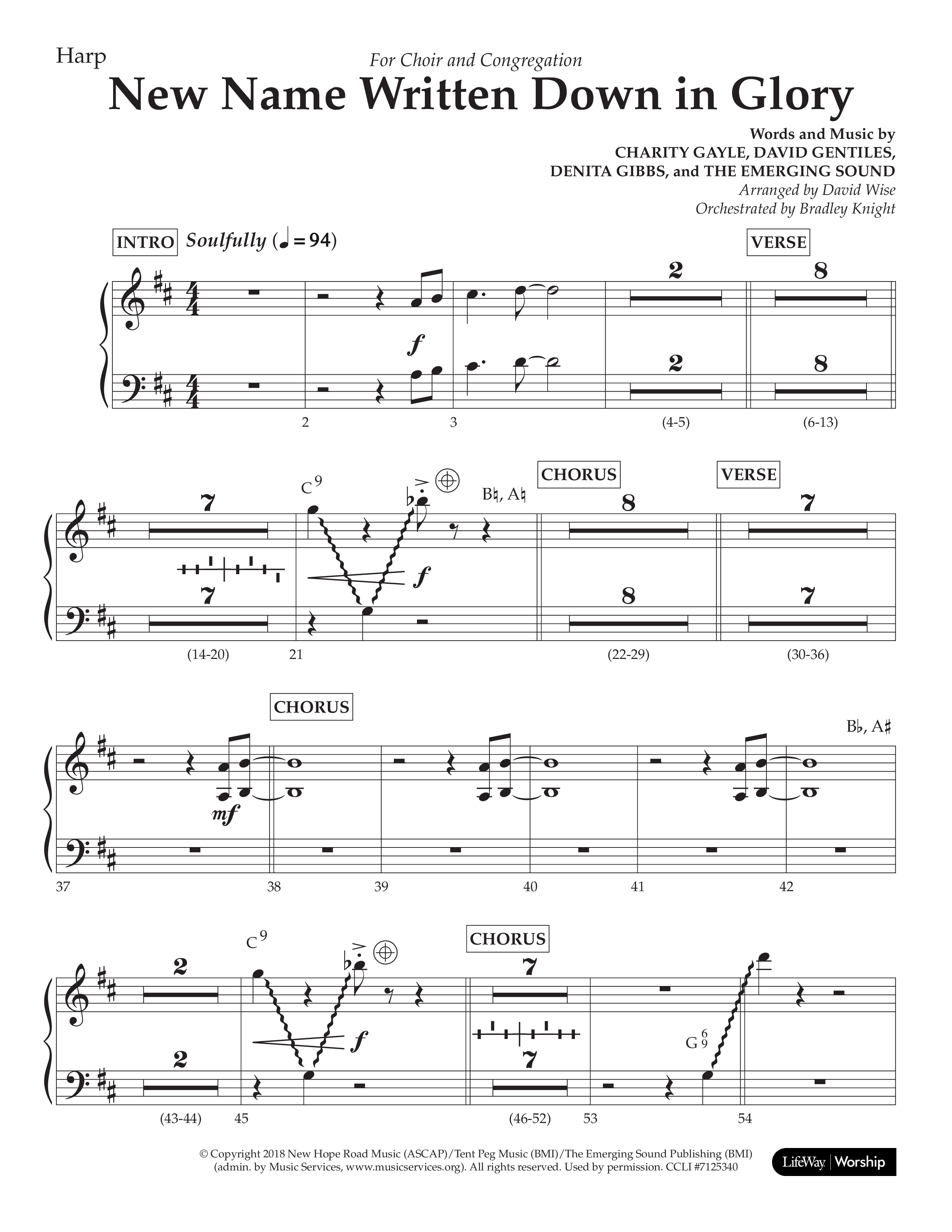 New Name Written Down In Glory (Choral Anthem SATB) Harp (Lifeway Choral / Arr. David Wise / Orch. Bradley Knight)