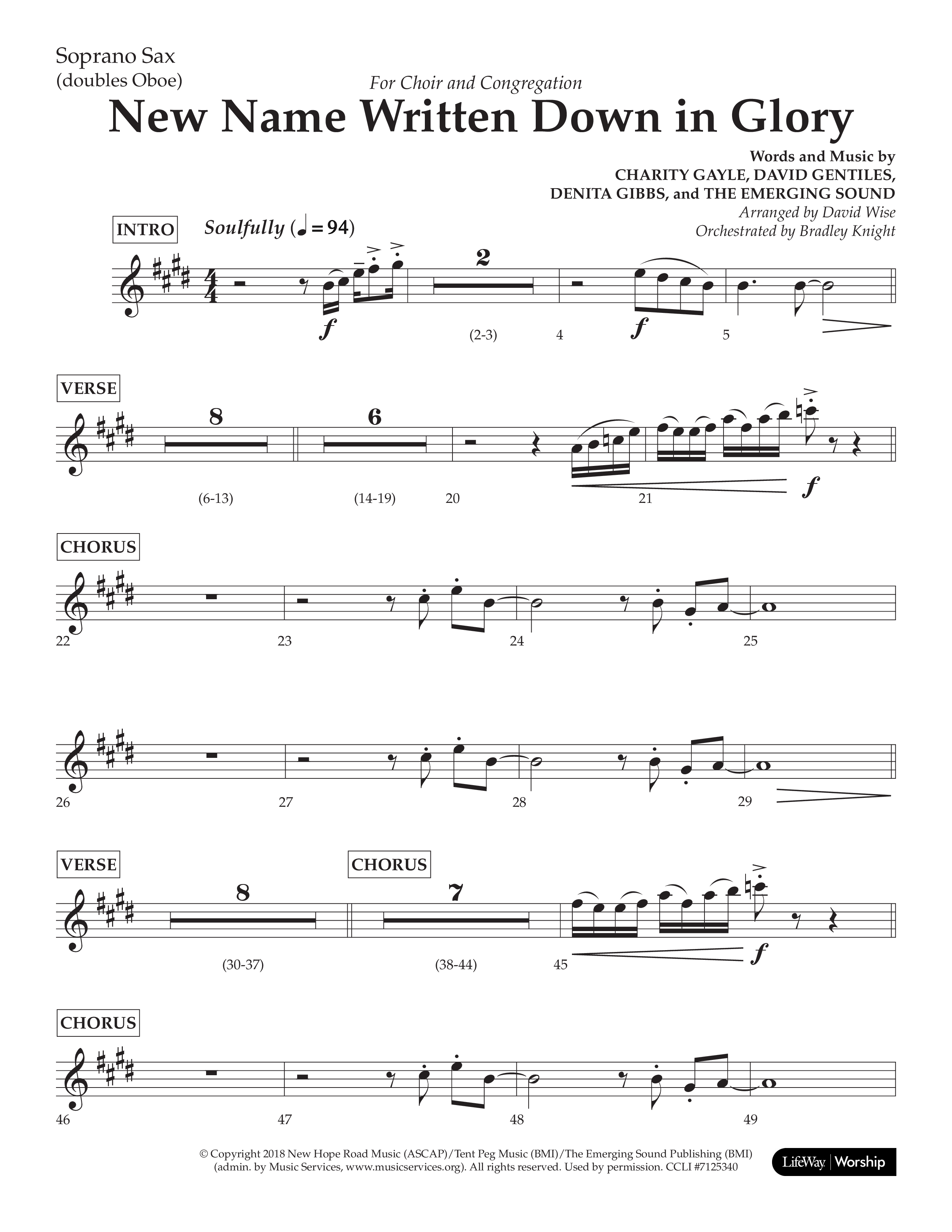 New Name Written Down In Glory (Choral Anthem SATB) Soprano Sax (Lifeway Choral / Arr. David Wise / Orch. Bradley Knight)