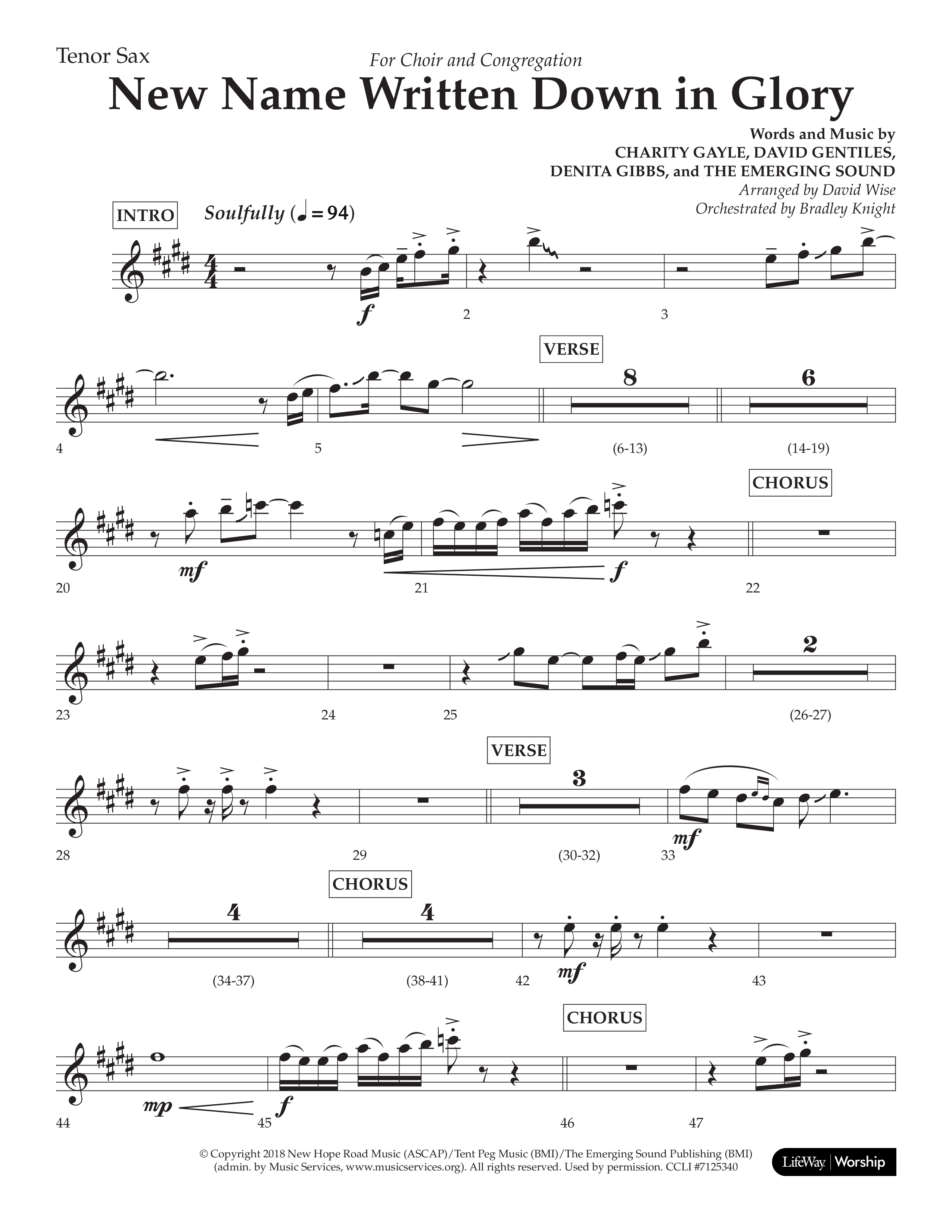 New Name Written Down In Glory (Choral Anthem SATB) Tenor Sax 1 (Lifeway Choral / Arr. David Wise / Orch. Bradley Knight)