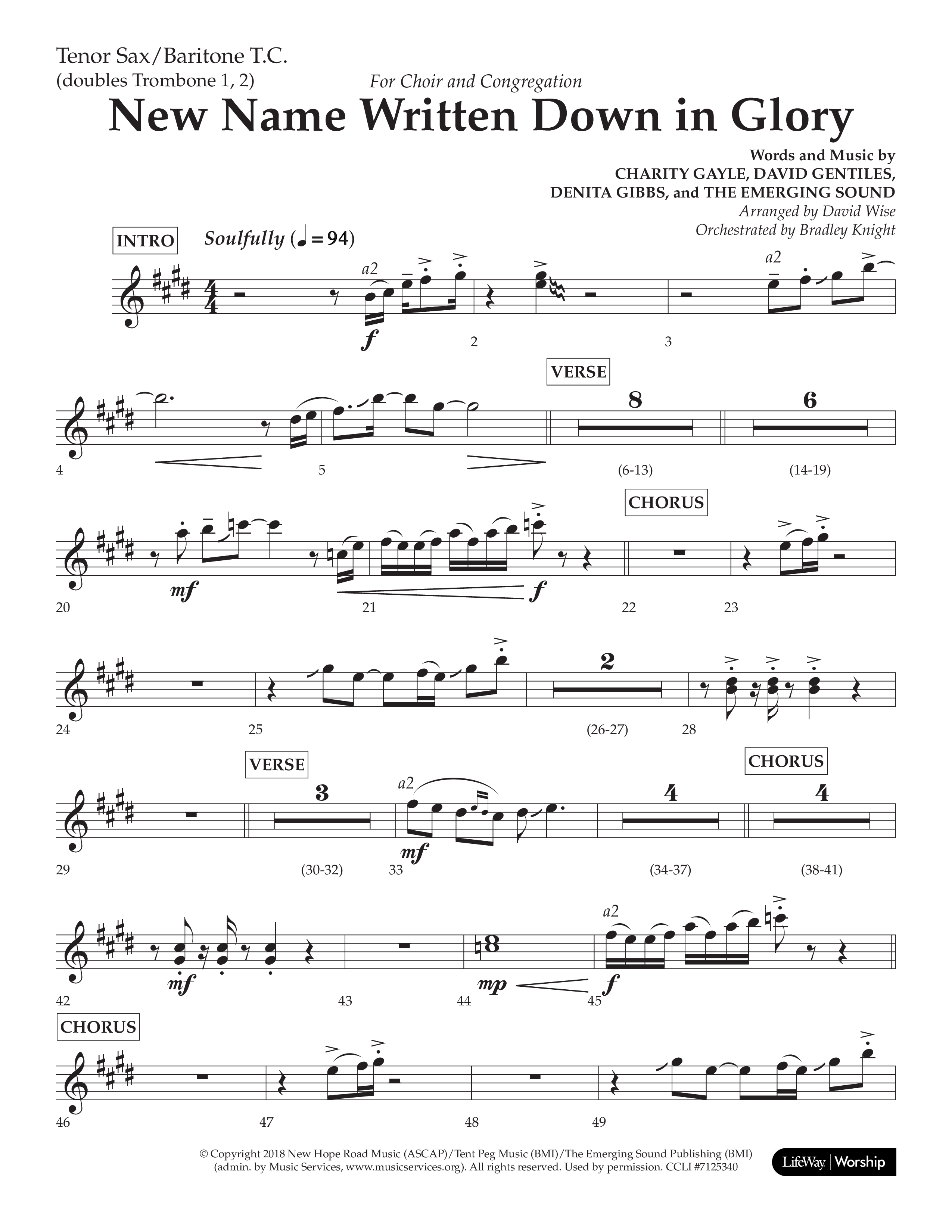 New Name Written Down In Glory (Choral Anthem SATB) Tenor Sax/Baritone T.C. (Lifeway Choral / Arr. David Wise / Orch. Bradley Knight)