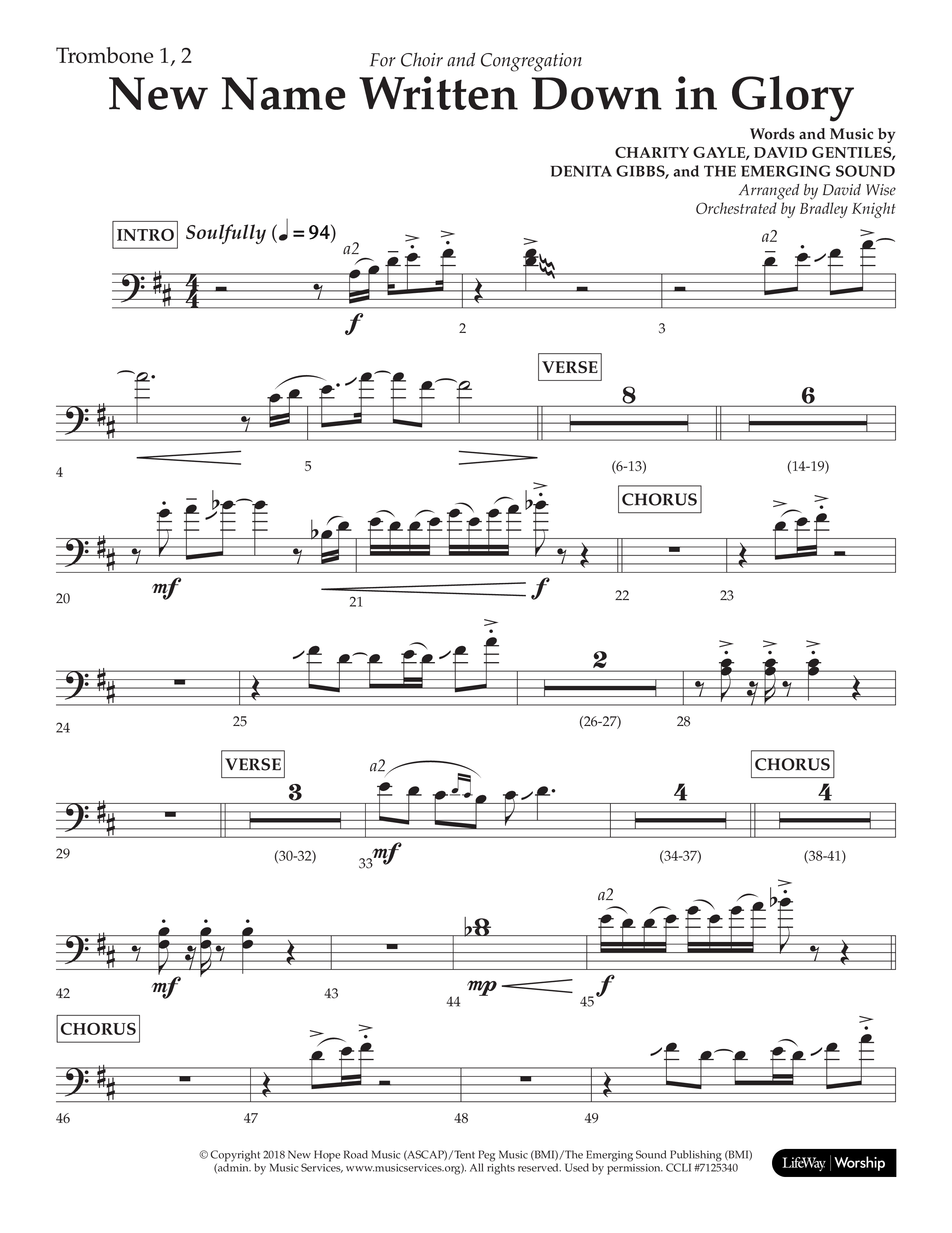 New Name Written Down In Glory (Choral Anthem SATB) Trombone 1/2 (Lifeway Choral / Arr. David Wise / Orch. Bradley Knight)