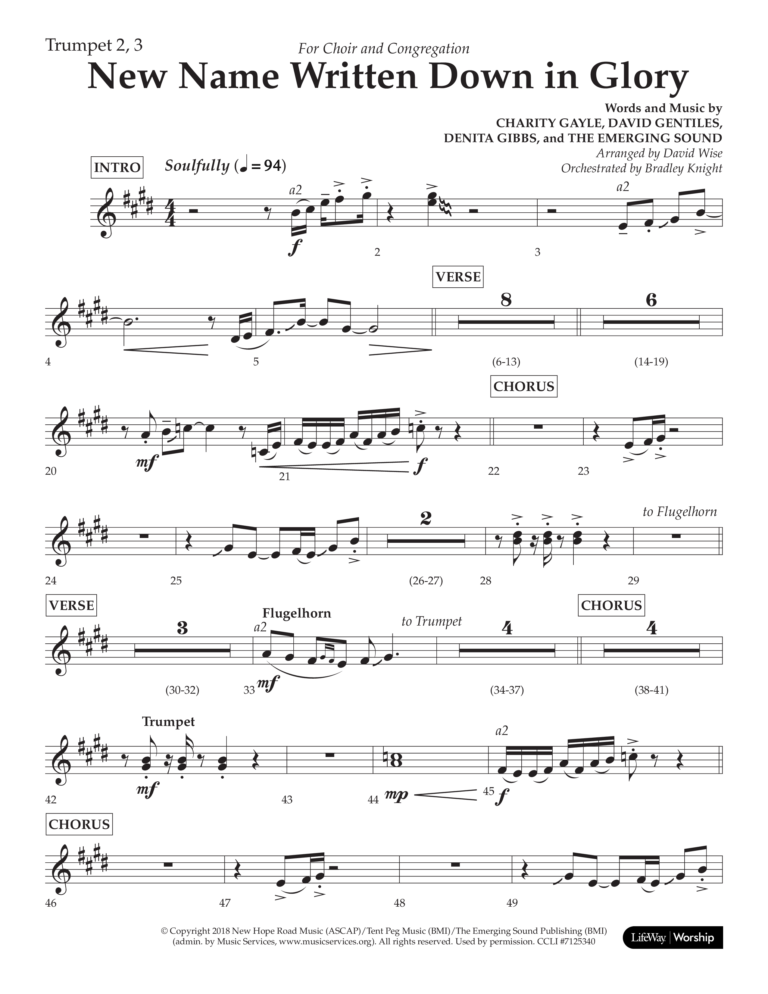 New Name Written Down In Glory (Choral Anthem SATB) Trumpet 2/3 (Lifeway Choral / Arr. David Wise / Orch. Bradley Knight)