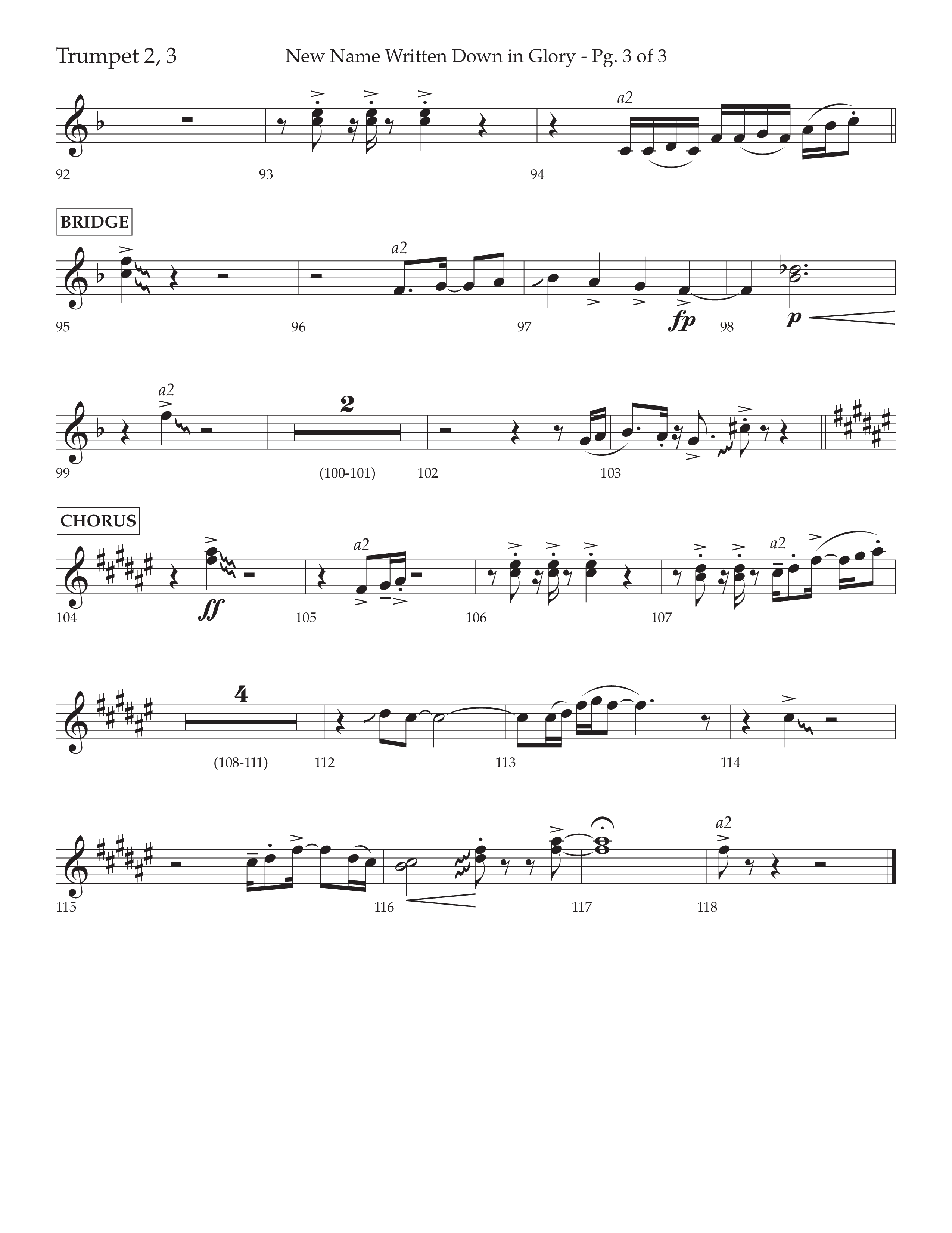 New Name Written Down In Glory (Choral Anthem SATB) Trumpet 2/3 (Lifeway Choral / Arr. David Wise / Orch. Bradley Knight)