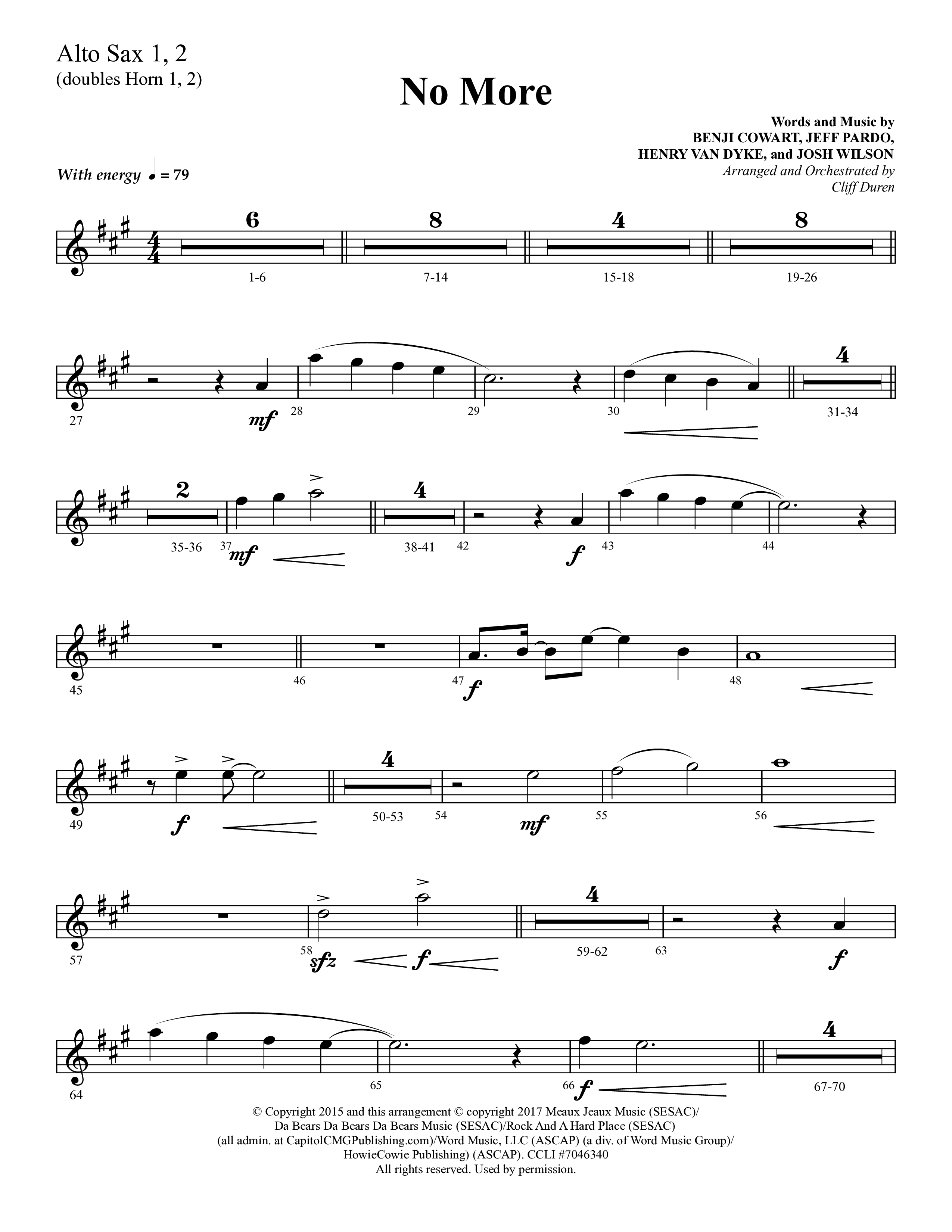 No More (Choral Anthem SATB) Alto Sax 1/2 (Lifeway Choral / Arr. Cliff Duren)