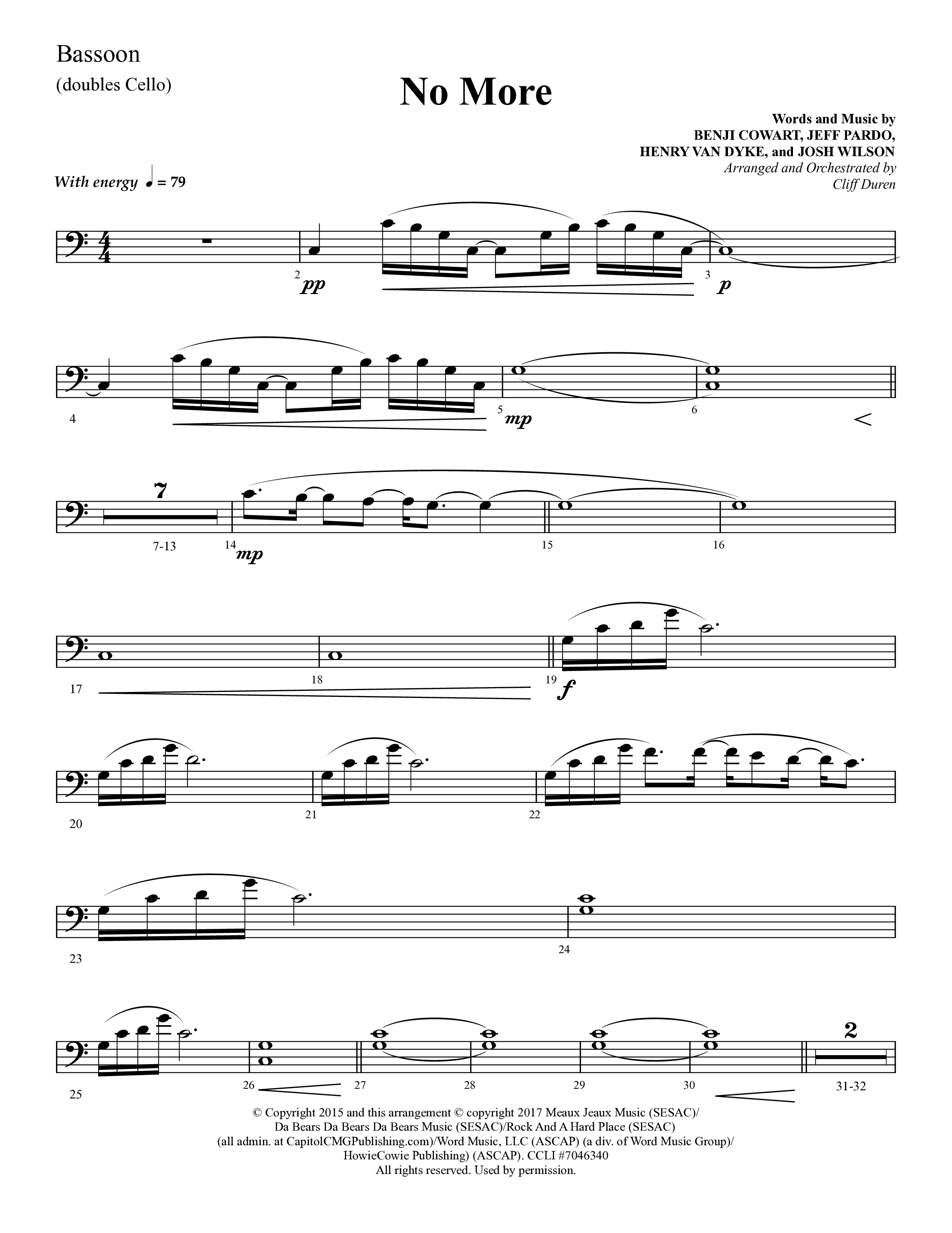 No More (Choral Anthem SATB) Bassoon (Lifeway Choral / Arr. Cliff Duren)
