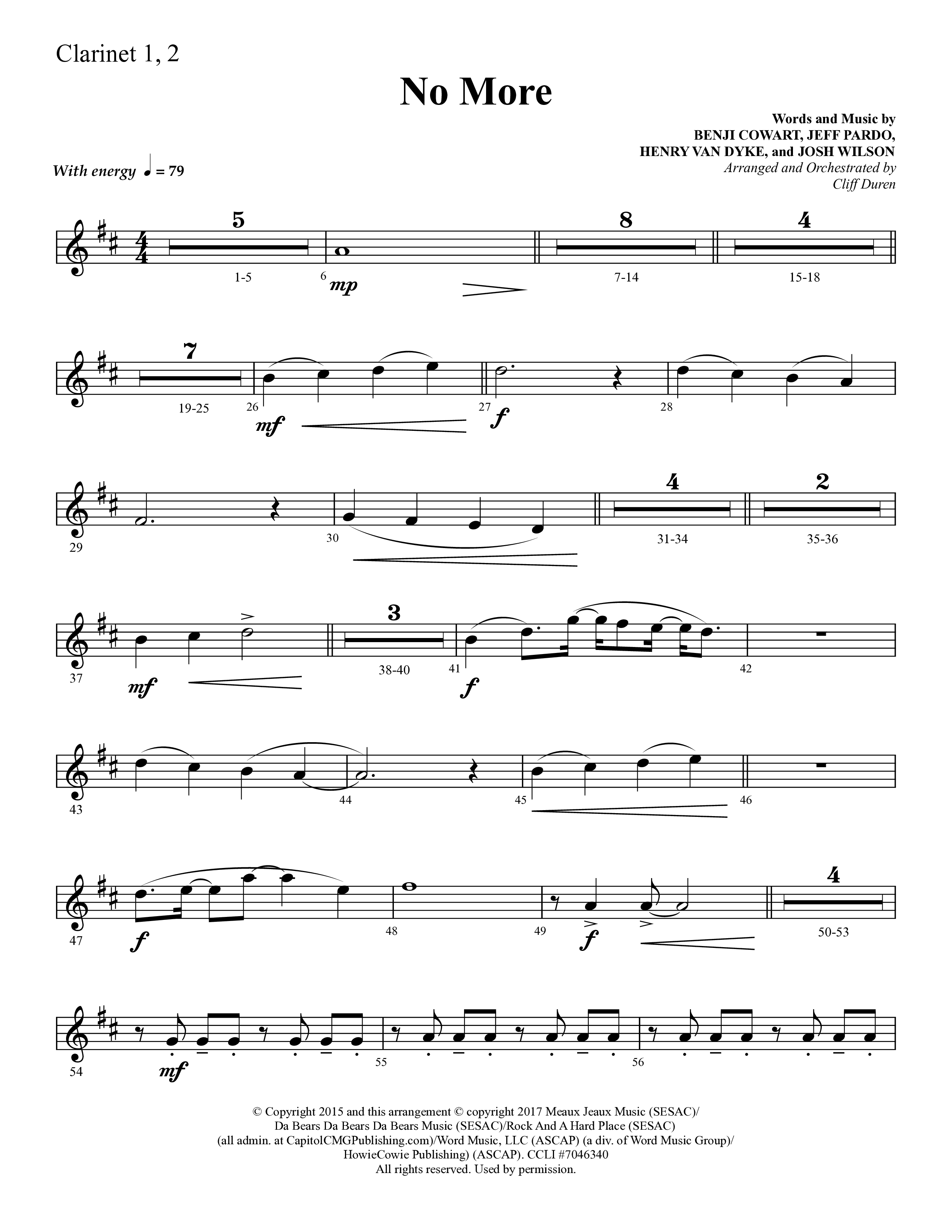 No More (Choral Anthem SATB) Clarinet 1/2 (Lifeway Choral / Arr. Cliff Duren)