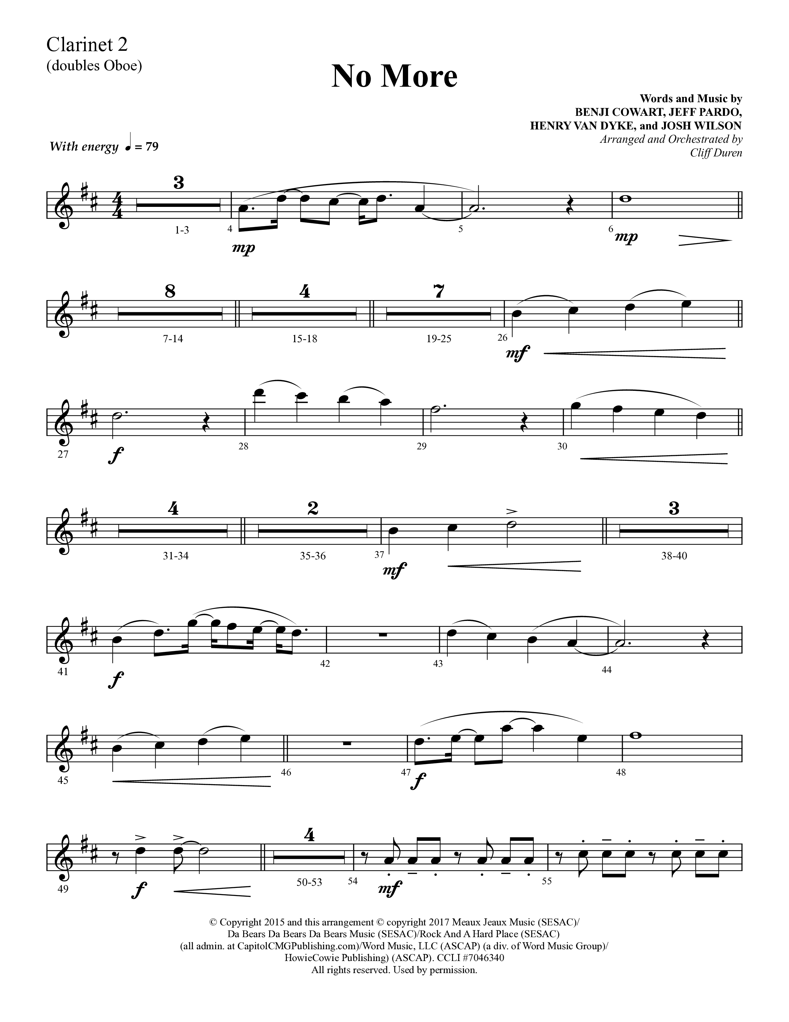 No More (Choral Anthem SATB) Clarinet 1/2 (Lifeway Choral / Arr. Cliff Duren)