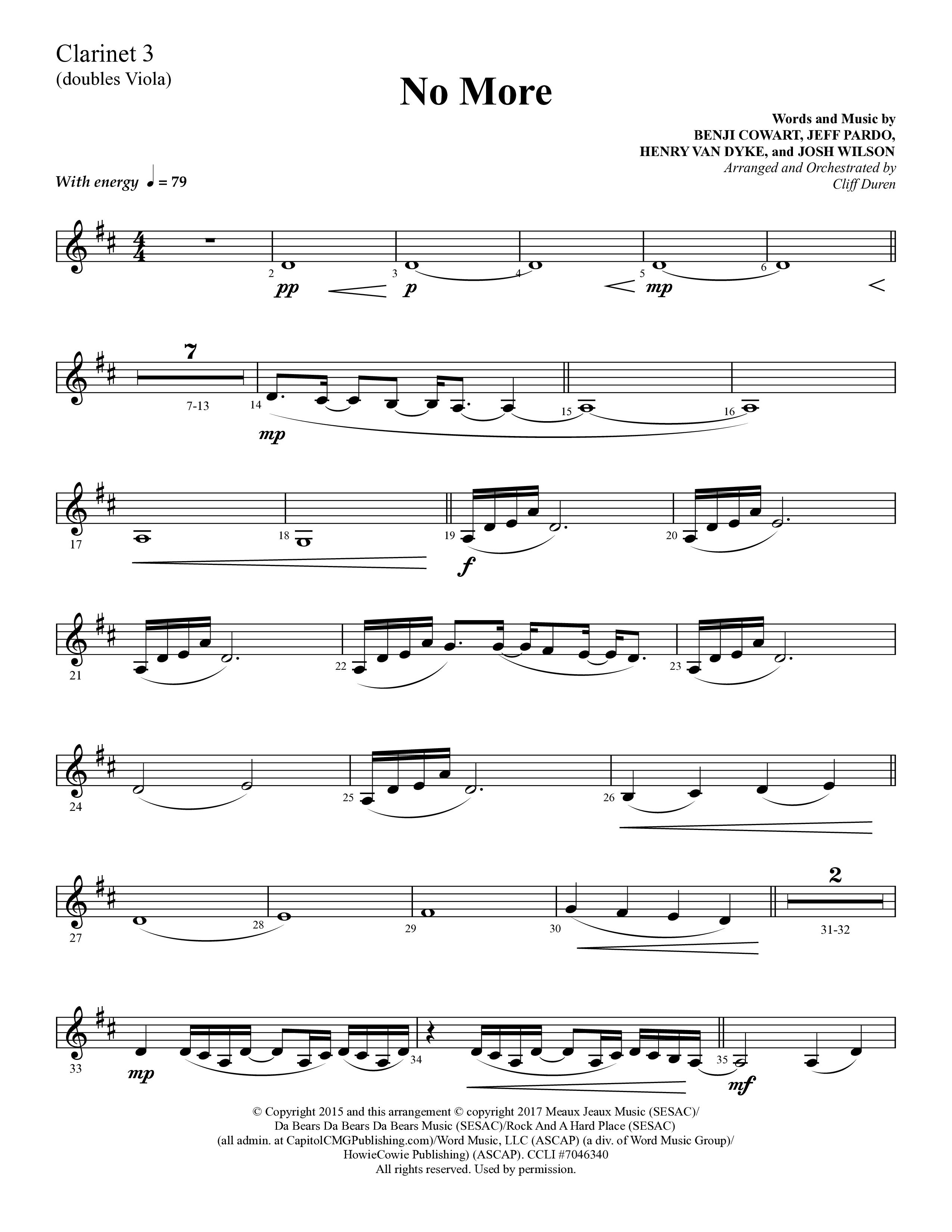 No More (Choral Anthem SATB) Clarinet 3 (Lifeway Choral / Arr. Cliff Duren)