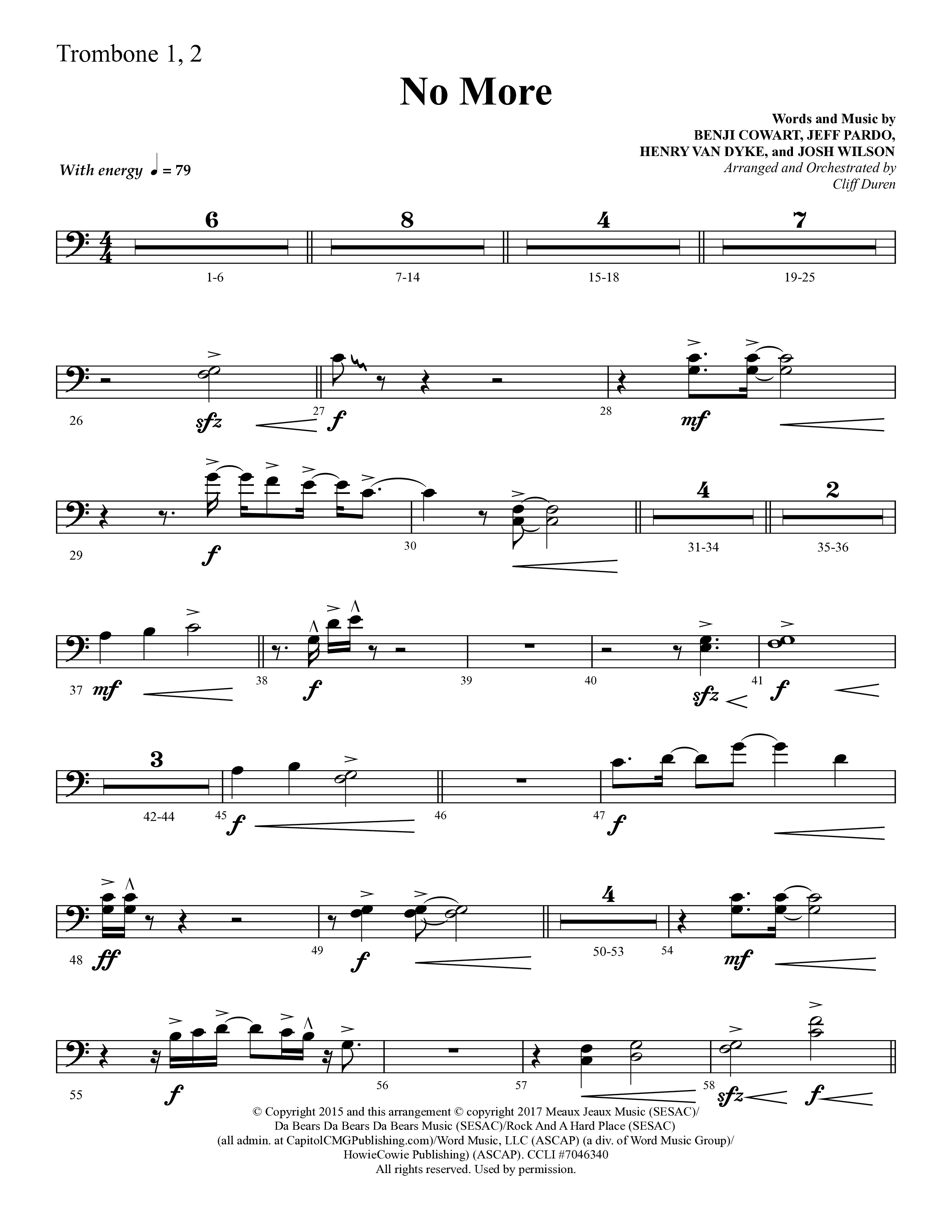 No More (Choral Anthem SATB) Trombone 1/2 (Lifeway Choral / Arr. Cliff Duren)