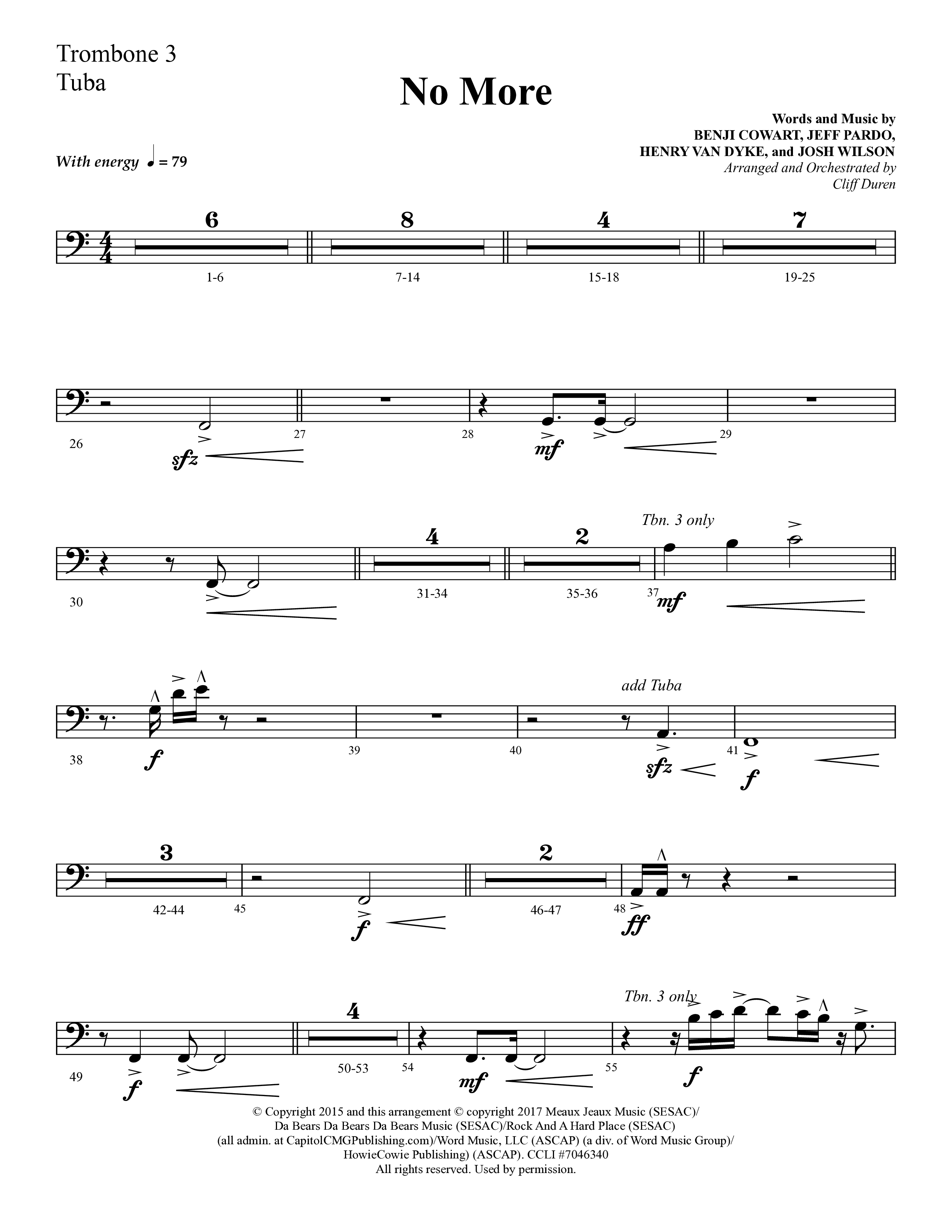 No More (Choral Anthem SATB) Trombone 3/Tuba (Lifeway Choral / Arr. Cliff Duren)