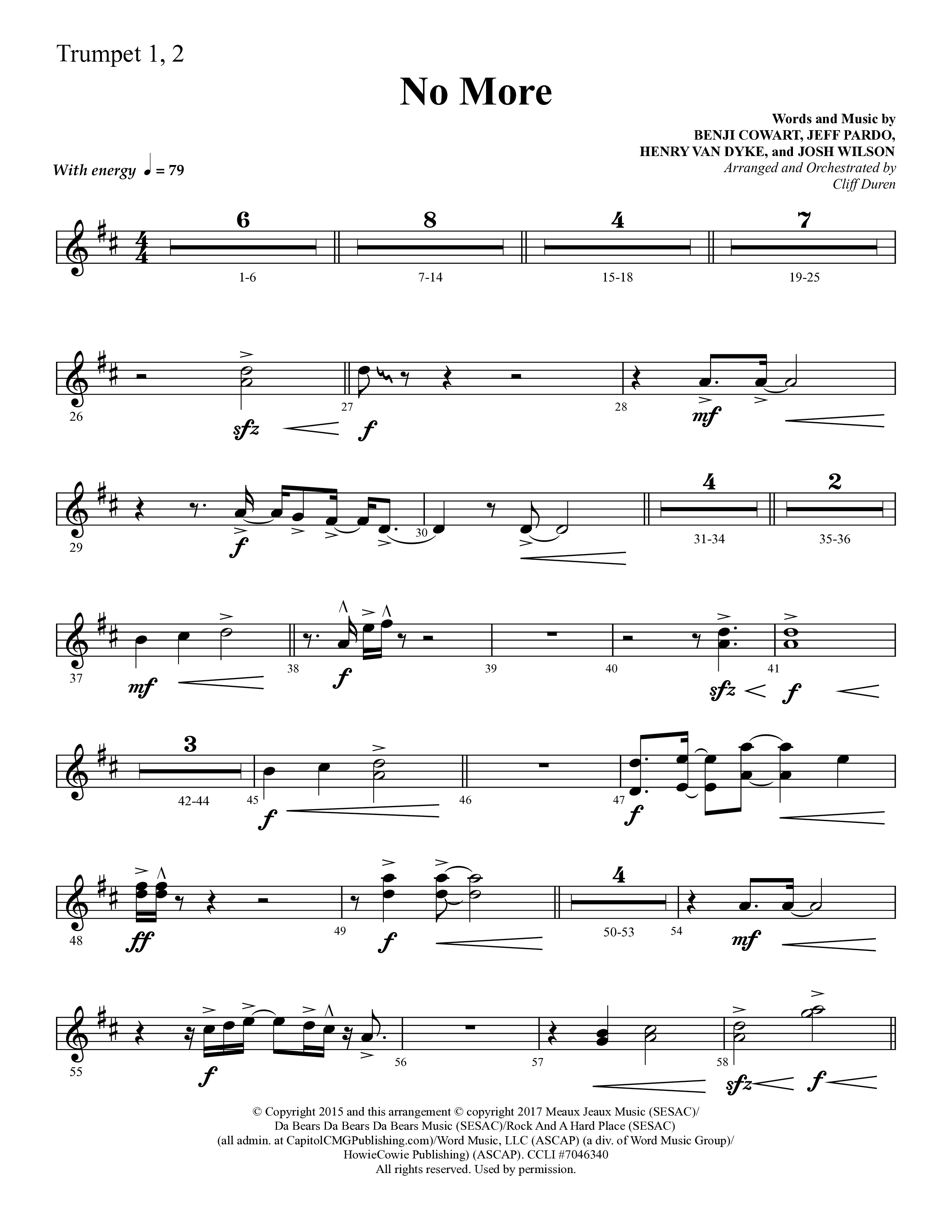 No More (Choral Anthem SATB) Trumpet 1,2 (Lifeway Choral / Arr. Cliff Duren)
