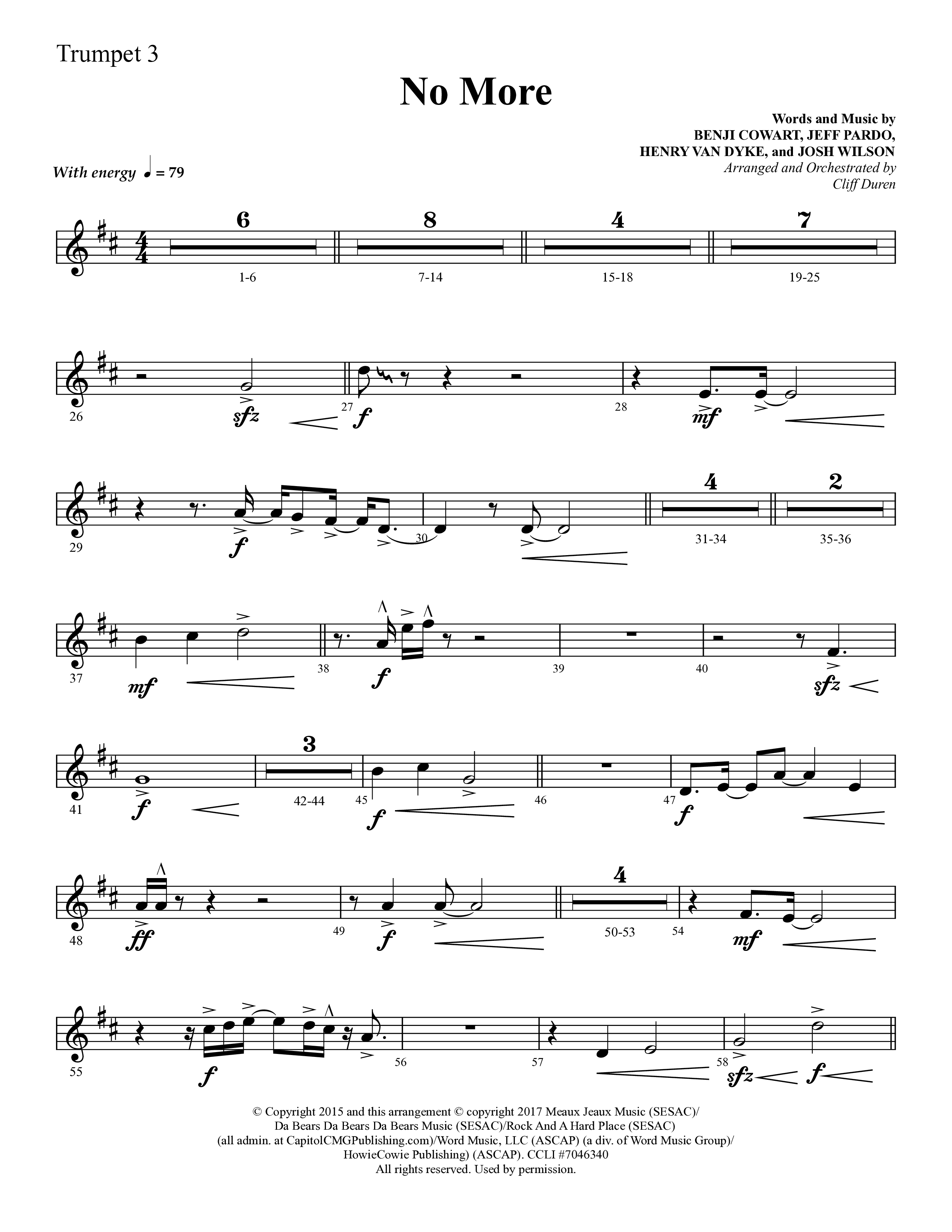 No More (Choral Anthem SATB) Trumpet 3 (Lifeway Choral / Arr. Cliff Duren)