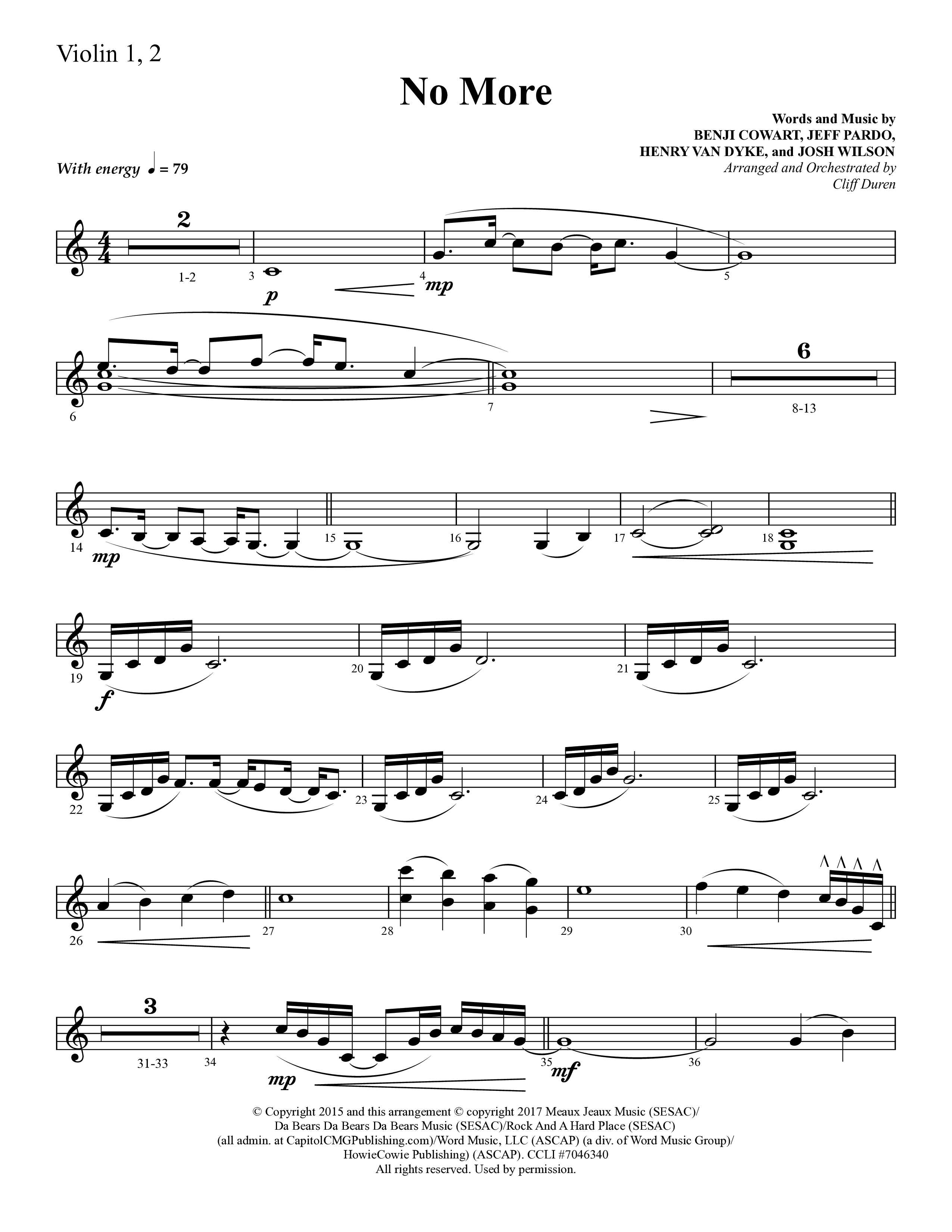 No More (Choral Anthem SATB) Violin 1/2 (Lifeway Choral / Arr. Cliff Duren)