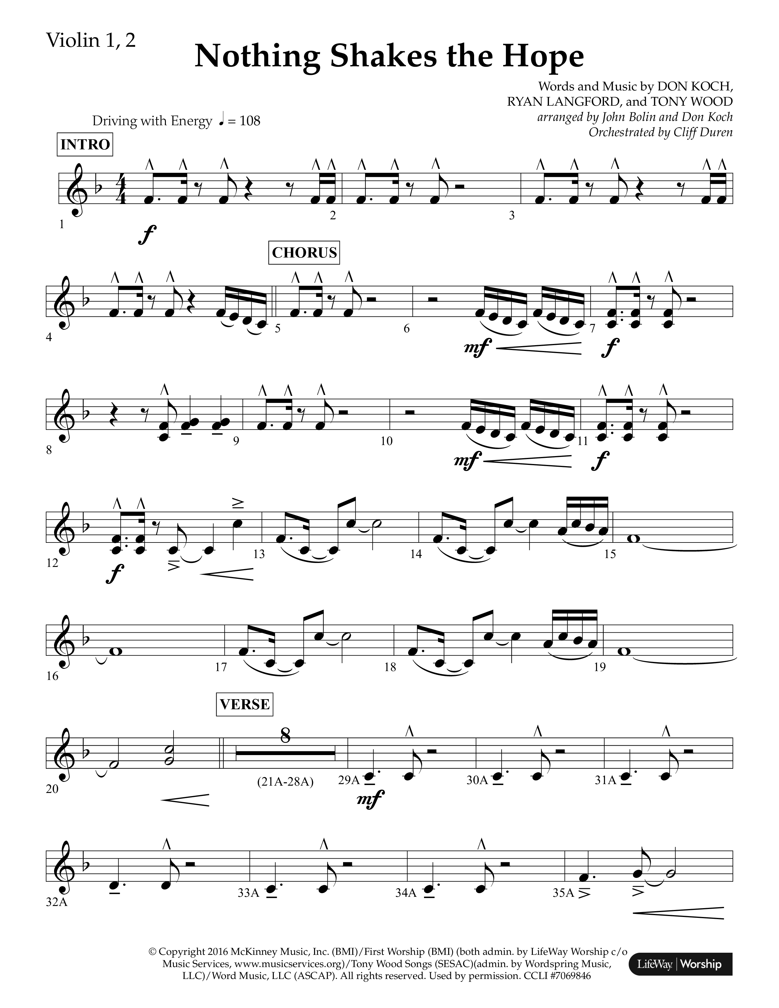 Nothing Shakes The Hope (Choral Anthem SATB) Violin 1/2 (Lifeway Choral / Arr. John Bolin / Arr. Don Koch / Orch. Cliff Duren)