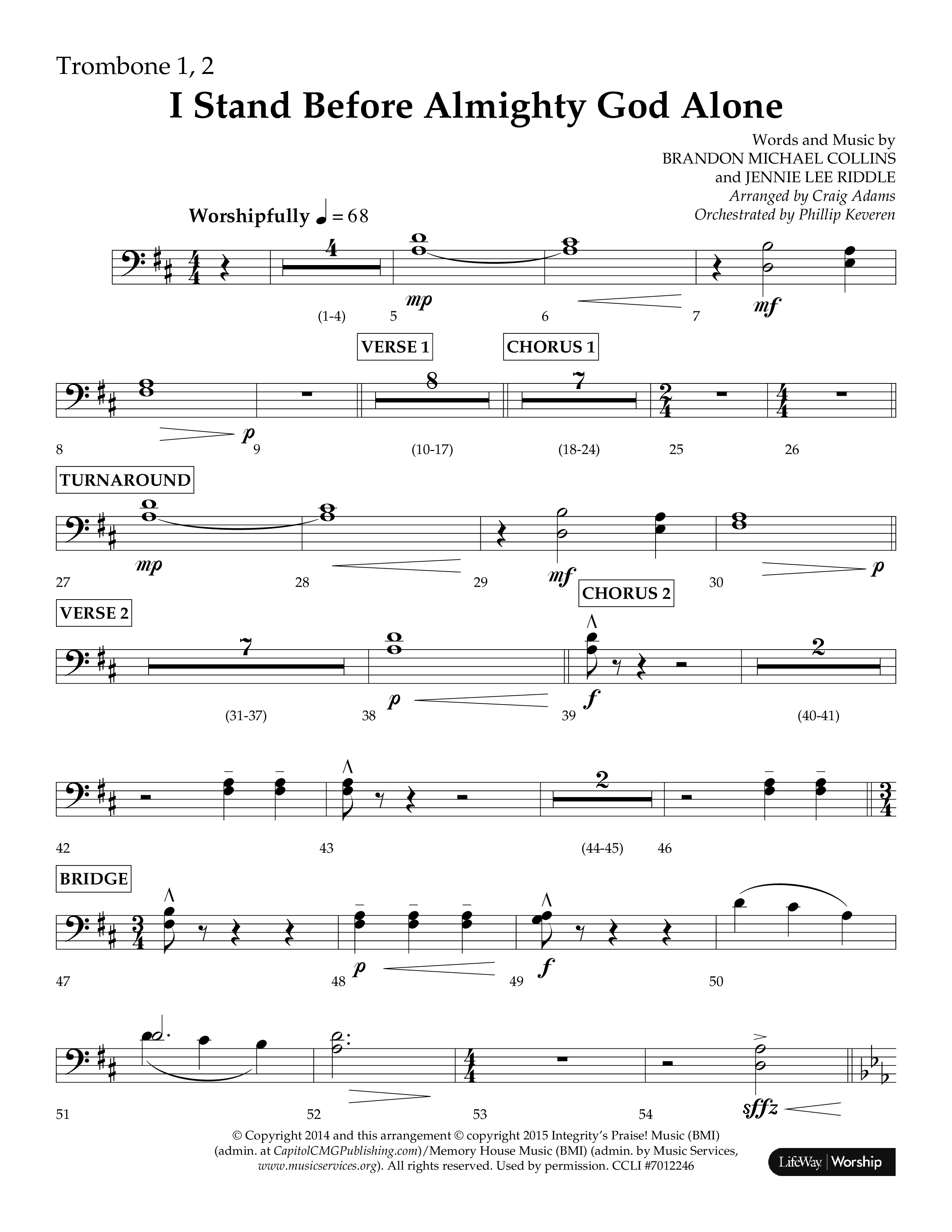 I Stand Before Almighty God Alone (Choral Anthem SATB) Trombone 1/2 (Lifeway Choral / Arr. Craig Adams / Orch. Phillip Keveren)