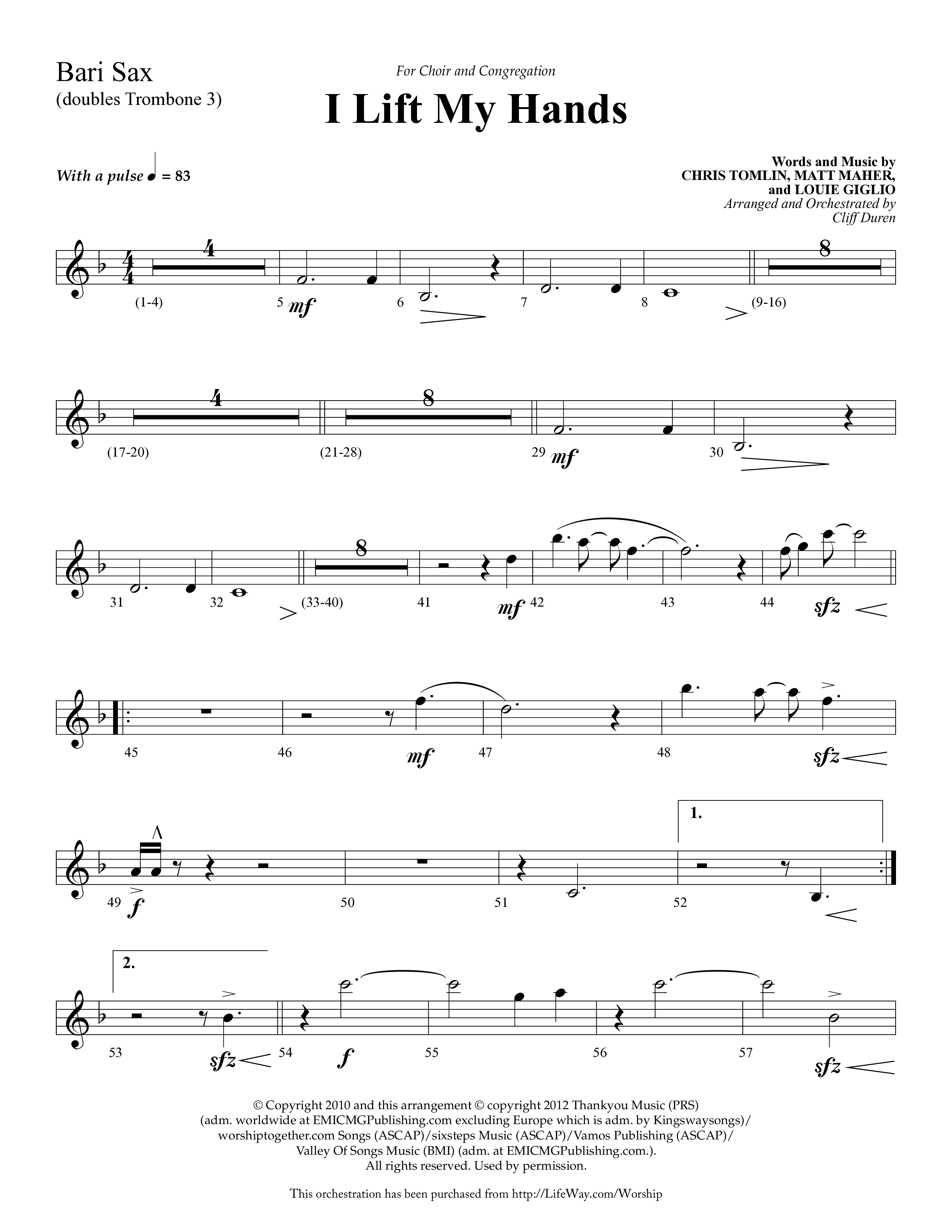 I Lift My Hands (Choral Anthem SATB) Bari Sax (Lifeway Choral / Arr. Cliff Duren)