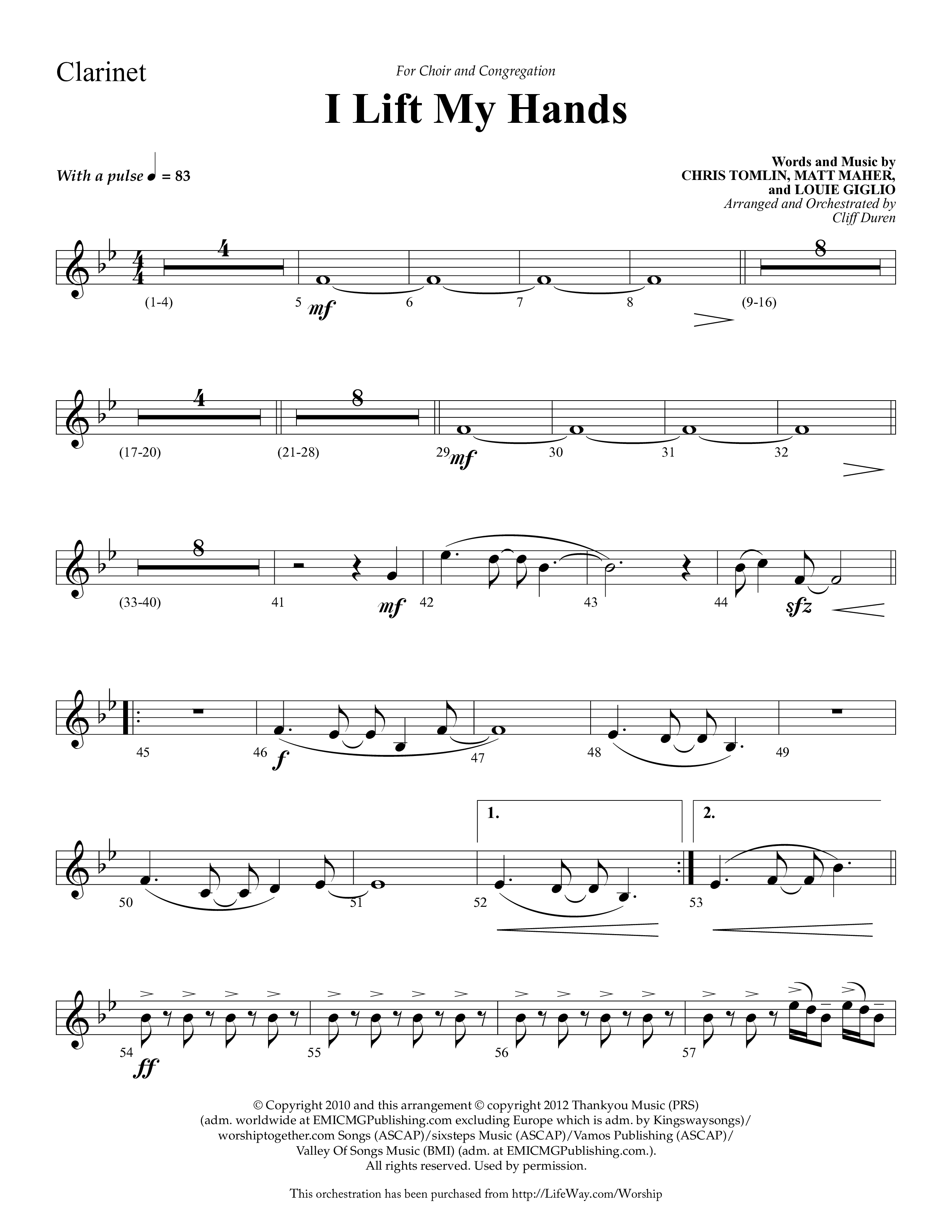 I Lift My Hands (Choral Anthem SATB) Clarinet 1/2 (Lifeway Choral / Arr. Cliff Duren)