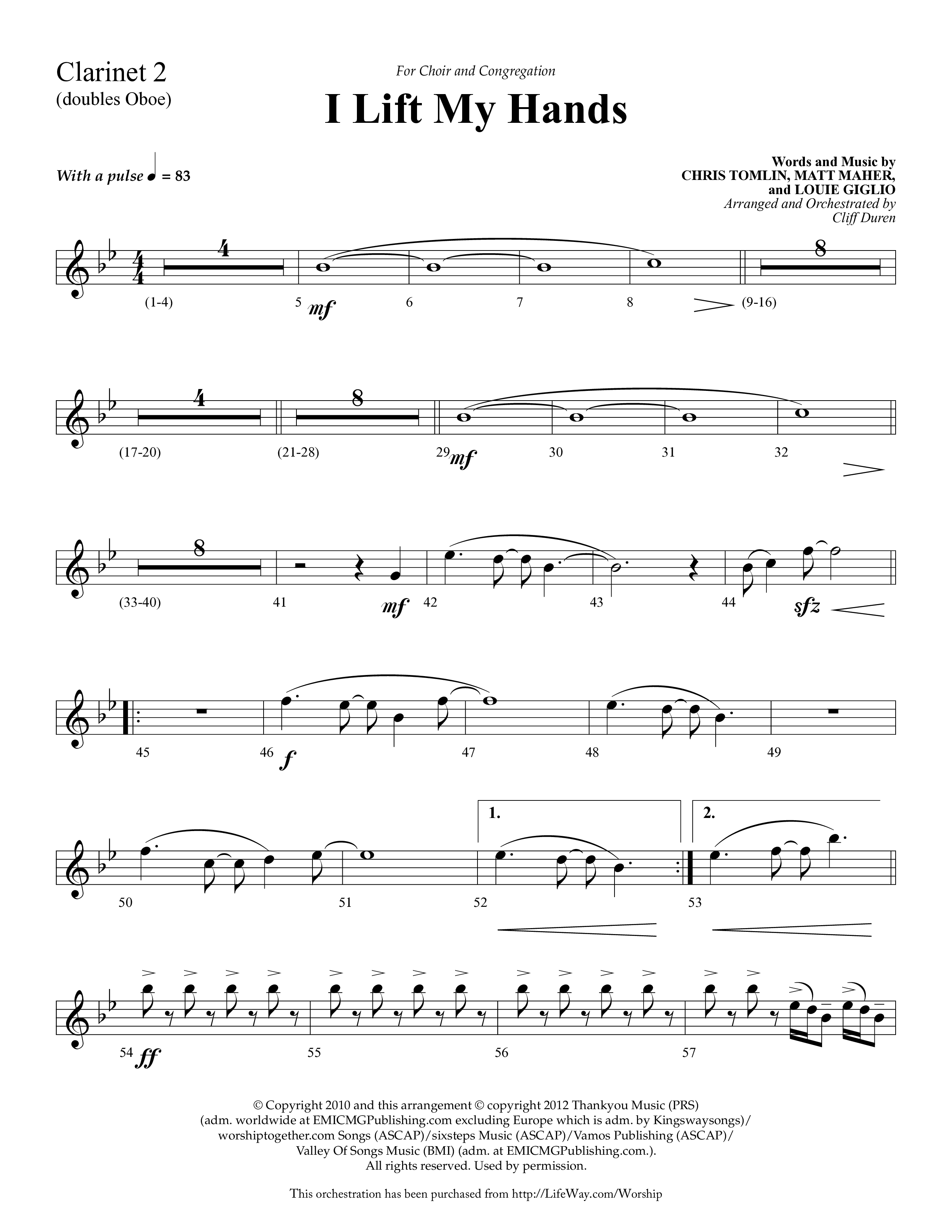 I Lift My Hands (Choral Anthem SATB) Clarinet 1/2 (Lifeway Choral / Arr. Cliff Duren)