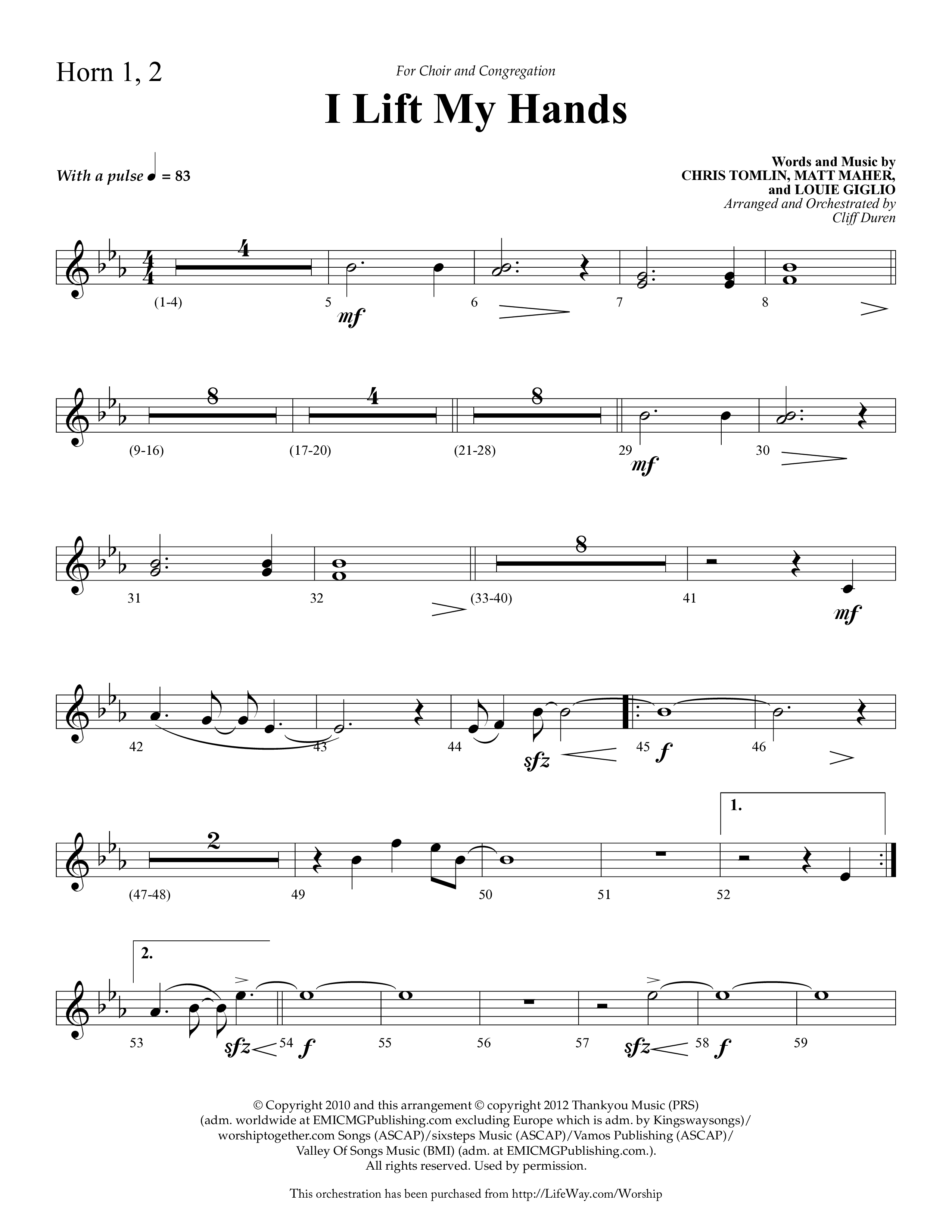 I Lift My Hands (Choral Anthem SATB) French Horn 1/2 (Lifeway Choral / Arr. Cliff Duren)