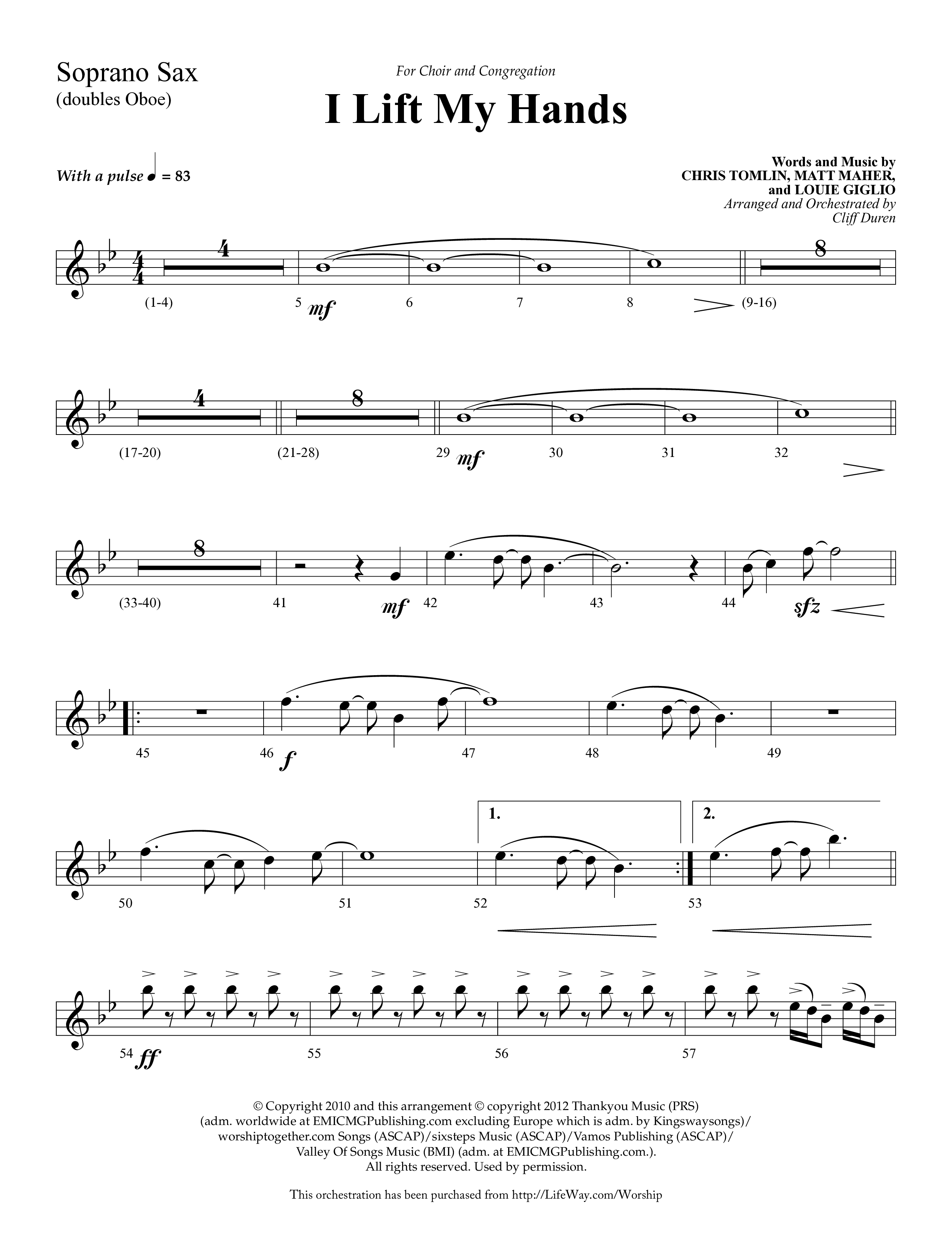 I Lift My Hands (Choral Anthem SATB) Soprano Sax (Lifeway Choral / Arr. Cliff Duren)