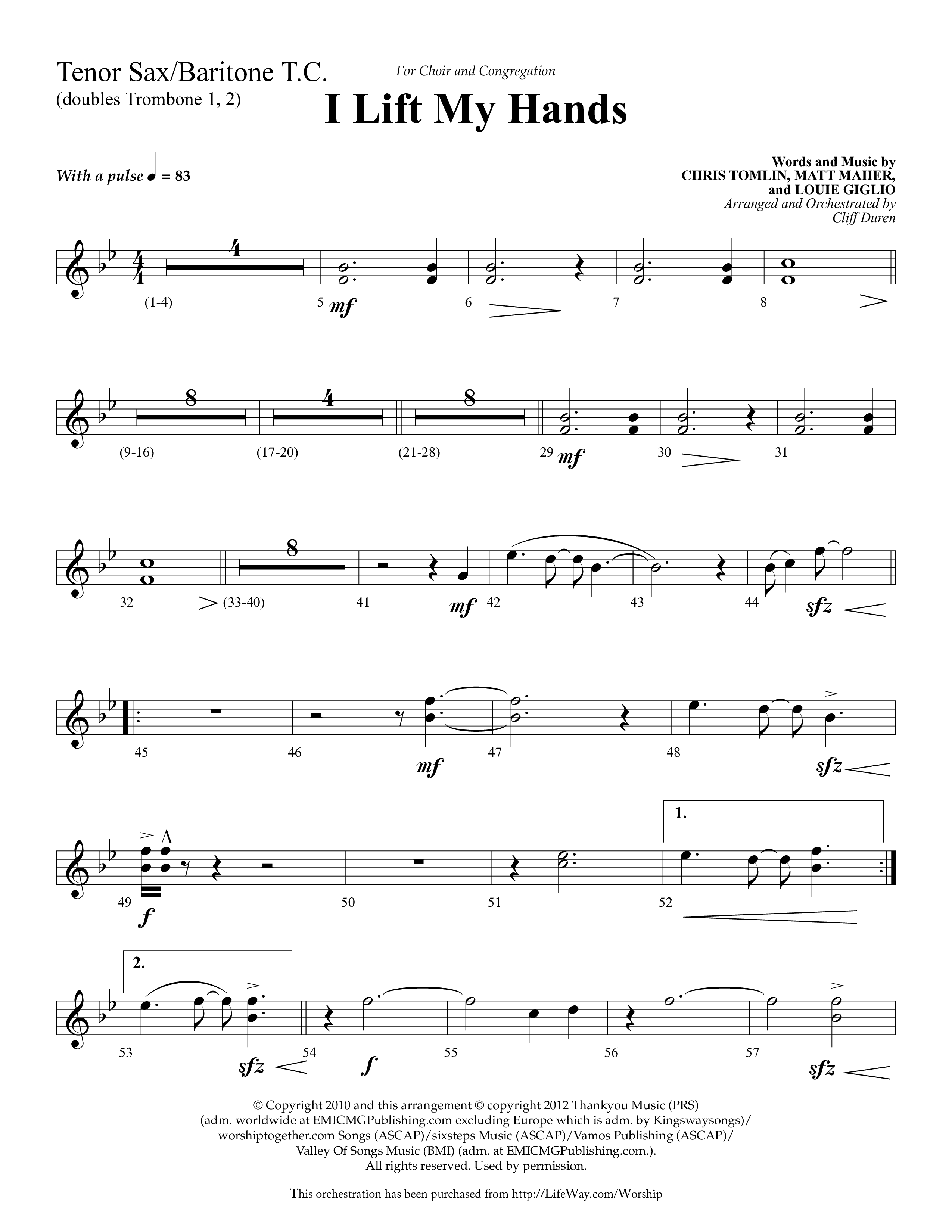 I Lift My Hands (Choral Anthem SATB) Tenor Sax/Baritone T.C. (Lifeway Choral / Arr. Cliff Duren)