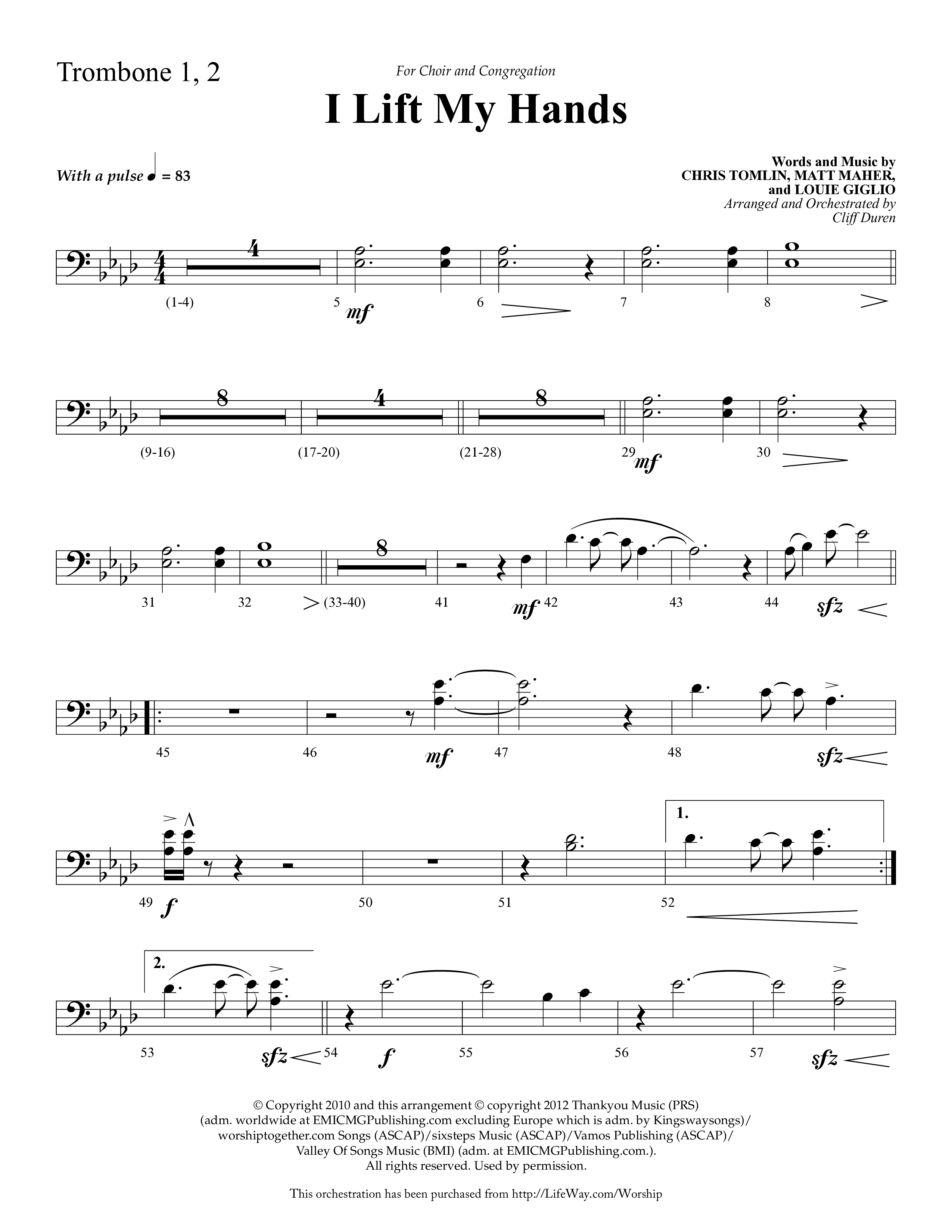 I Lift My Hands (Choral Anthem SATB) Trombone 1/2 (Lifeway Choral / Arr. Cliff Duren)