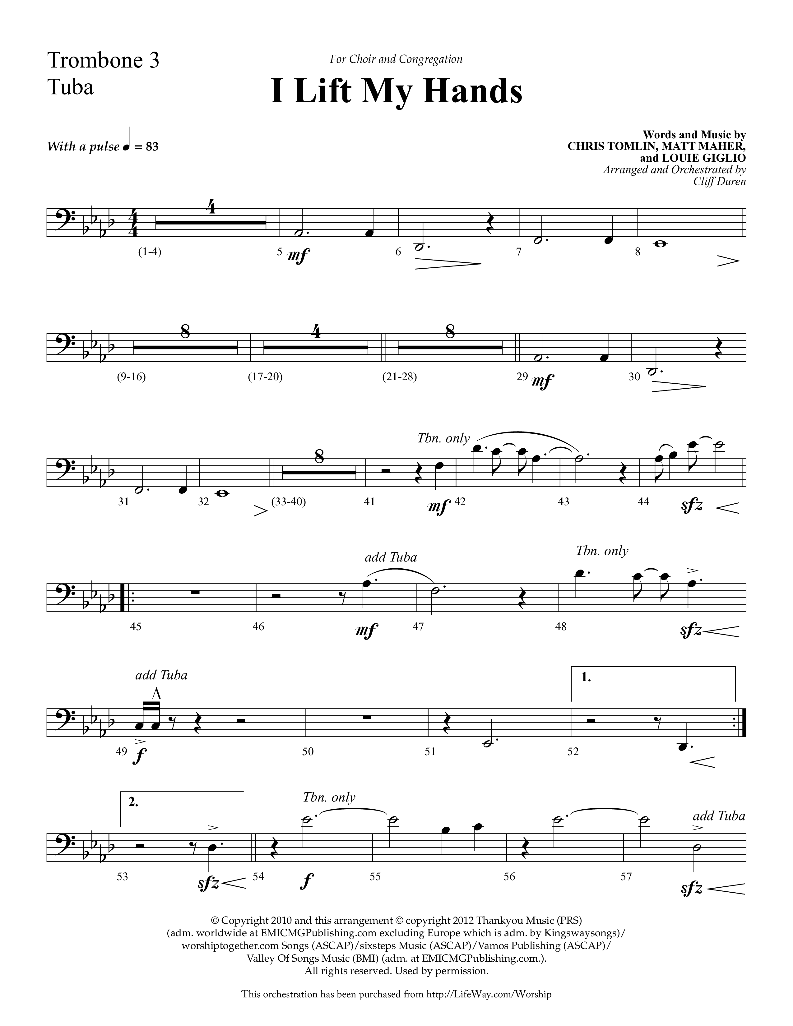 I Lift My Hands (Choral Anthem SATB) Trombone 3/Tuba (Lifeway Choral / Arr. Cliff Duren)