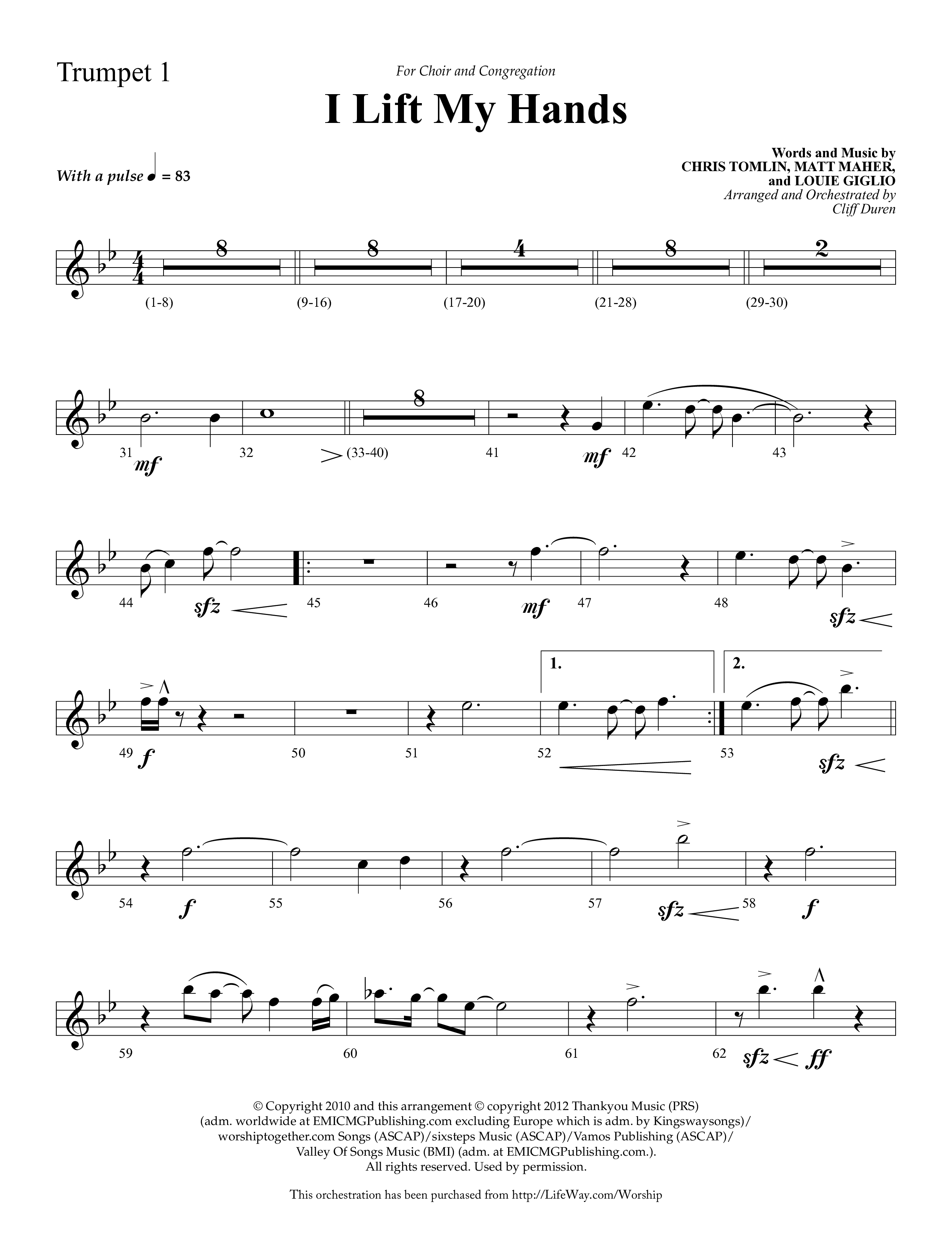 I Lift My Hands (Choral Anthem SATB) Trumpet 1 (Lifeway Choral / Arr. Cliff Duren)