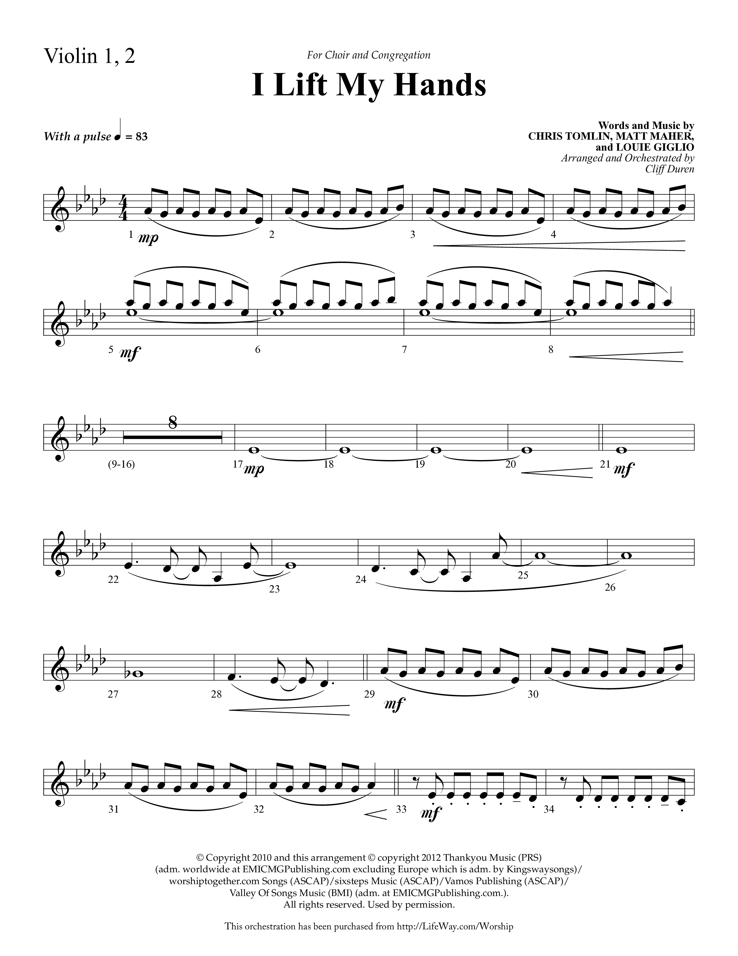 I Lift My Hands (Choral Anthem SATB) Violin 1/2 (Lifeway Choral / Arr. Cliff Duren)