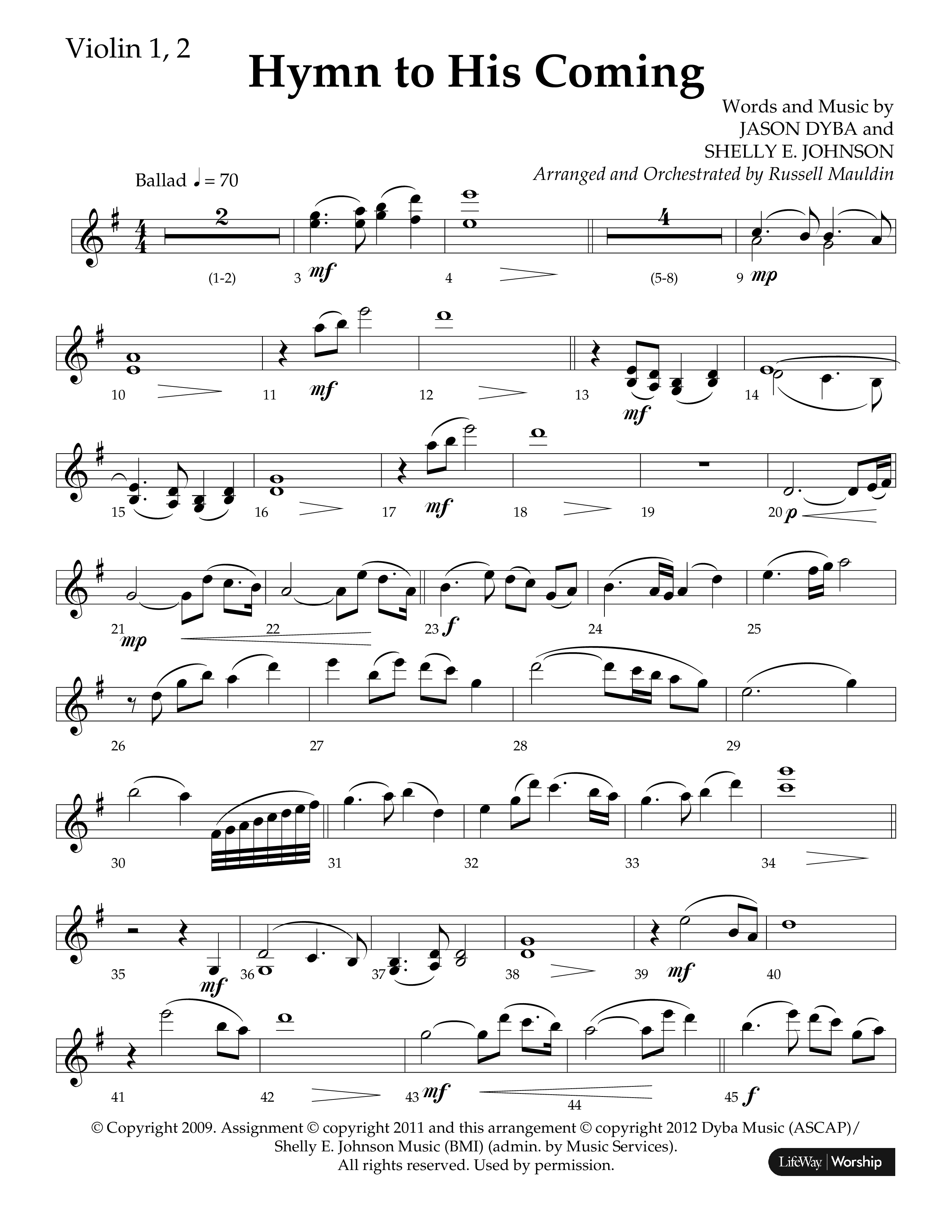 Hymn To His Coming (Choral Anthem SATB) Violin 1/2 (Lifeway Choral / Arr. Russell Mauldin)