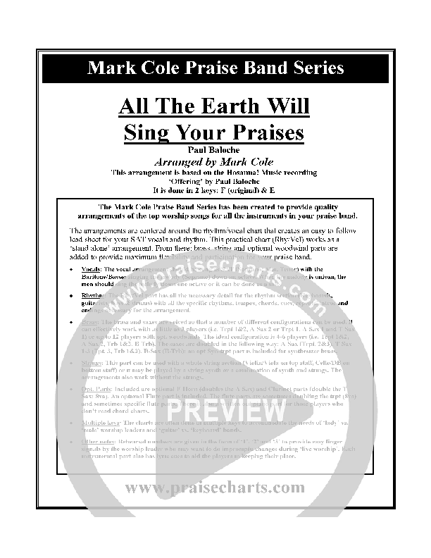 All The Earth Will Sing Your Praises Cover Sheet (Paul Baloche)
