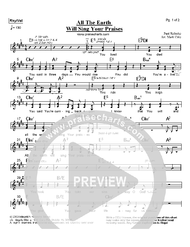 All The Earth Will Sing Your Praises Rhythm/Vocal (Paul Baloche)
