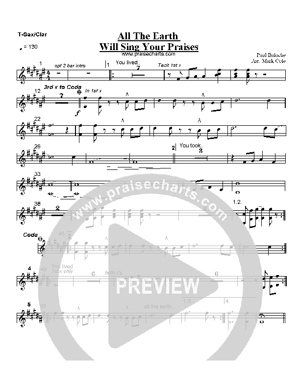All The Earth Will Sing Your Praises Tenor Sax/Clarinet (Paul Baloche)