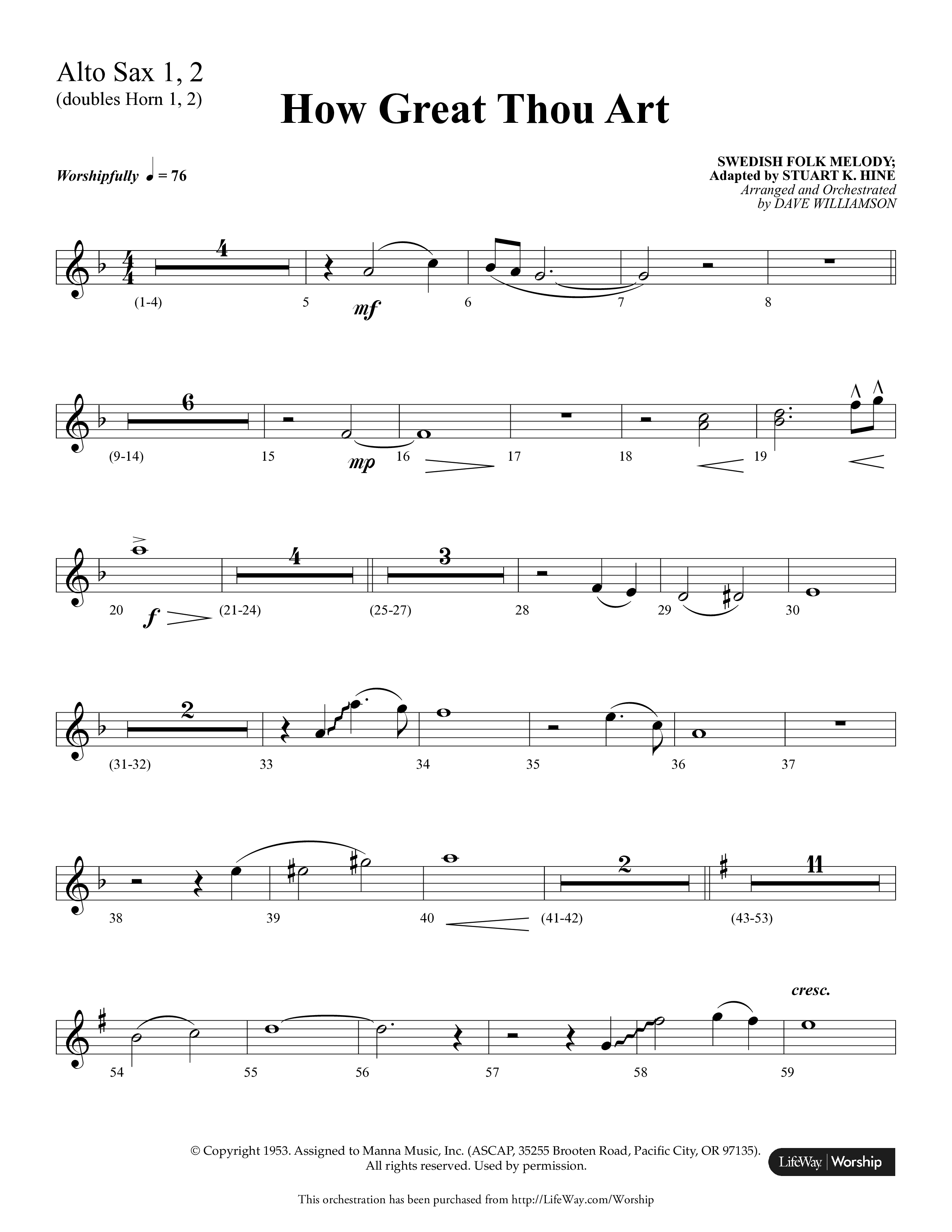 How Great Thou Art (Choral Anthem SATB) Alto Sax 1/2 (Lifeway Choral / Arr. Dave Williamson)