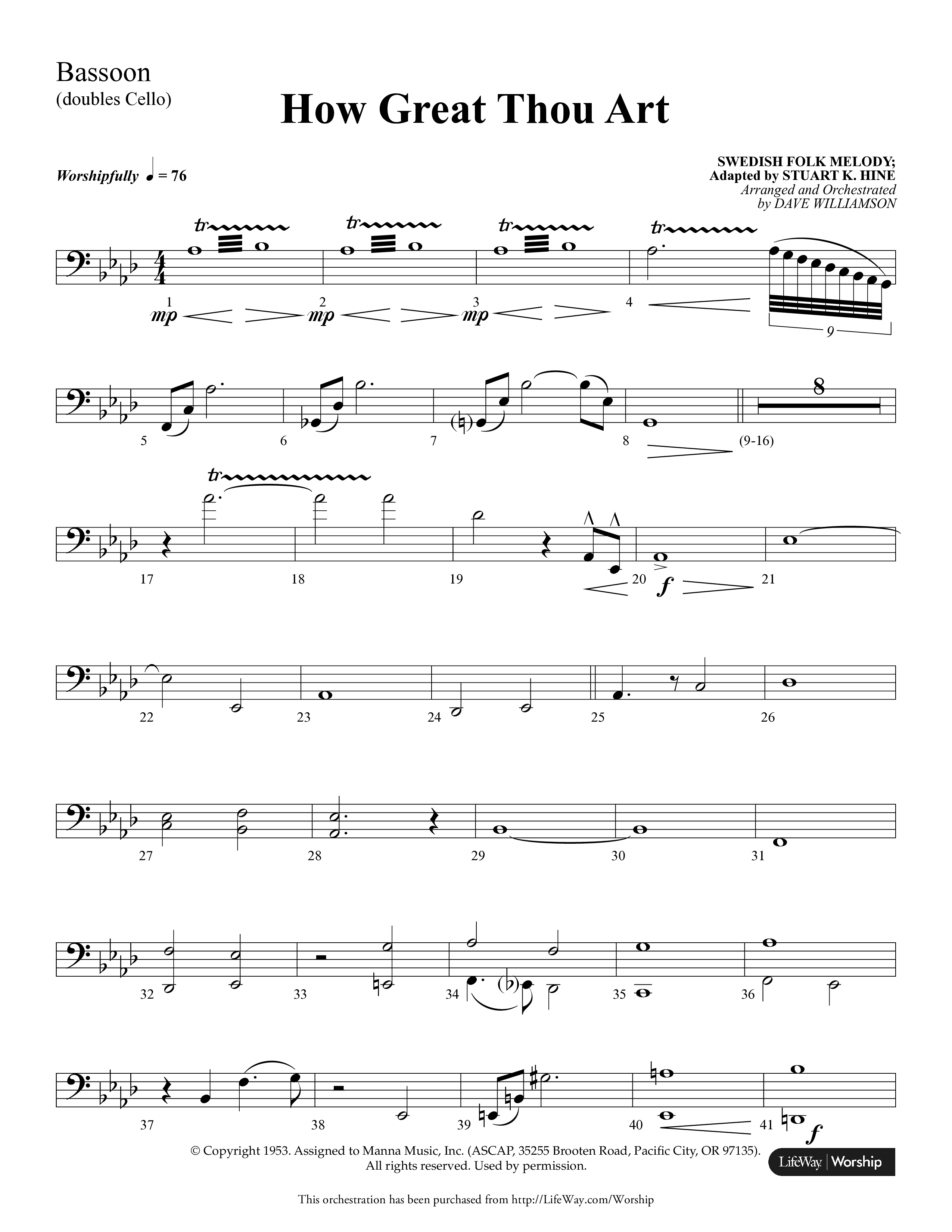 How Great Thou Art (Choral Anthem SATB) Bassoon (Lifeway Choral / Arr. Dave Williamson)